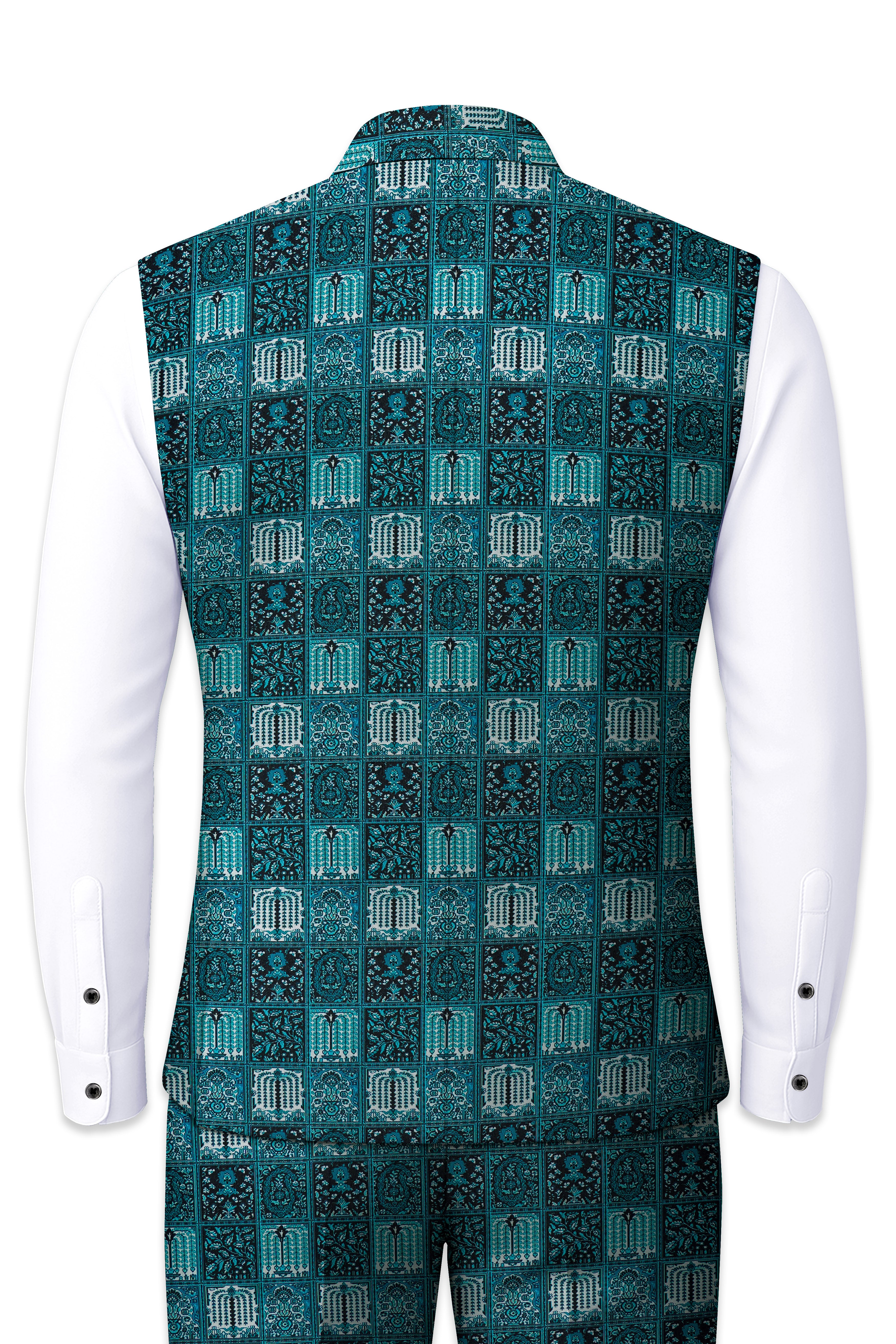 Zenith-Astronaut Blue Geometric Mosaic Printed Wool Rich Nehru Jackets