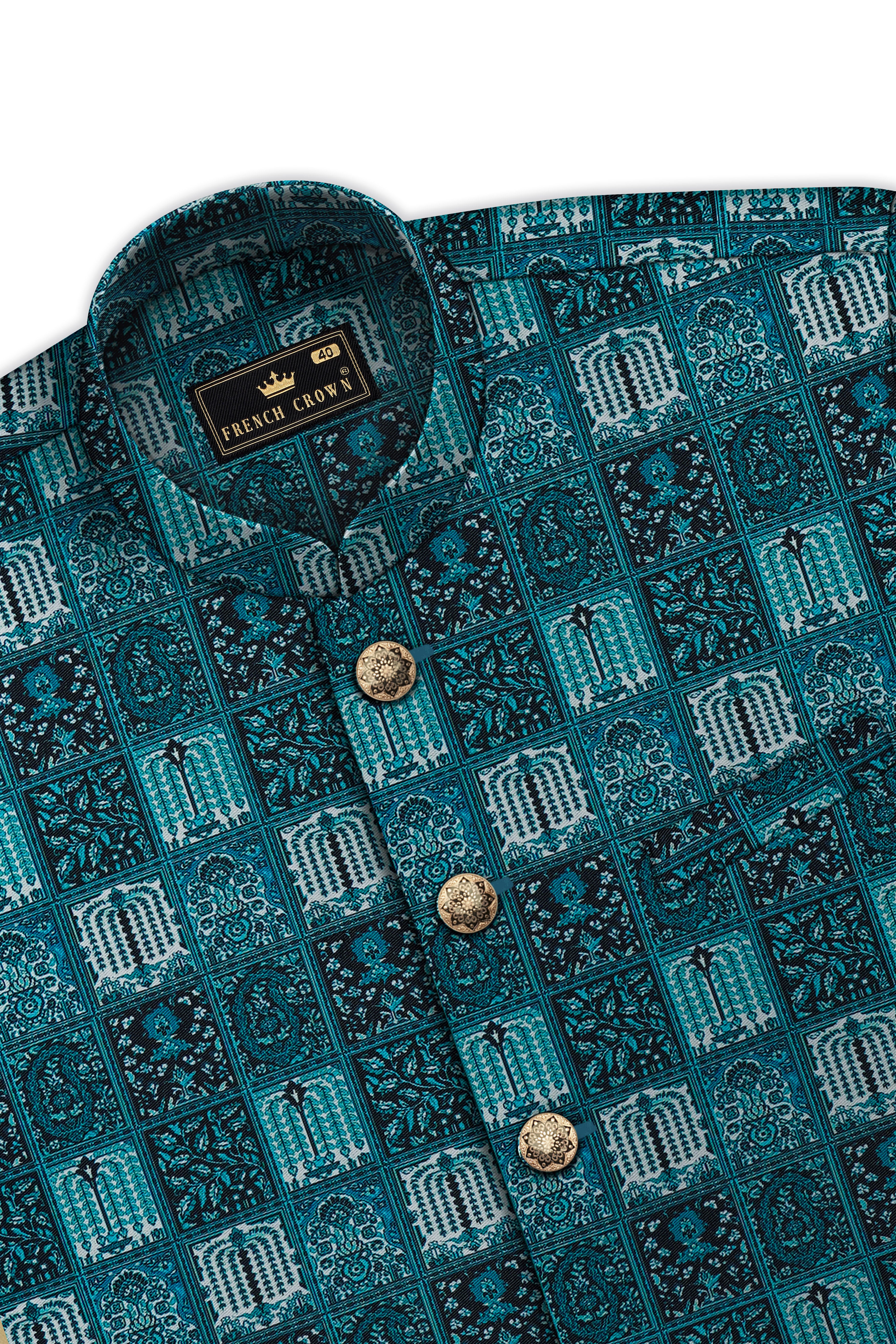 Zenith-Astronaut Blue Geometric Mosaic Printed Wool Rich Nehru Jackets