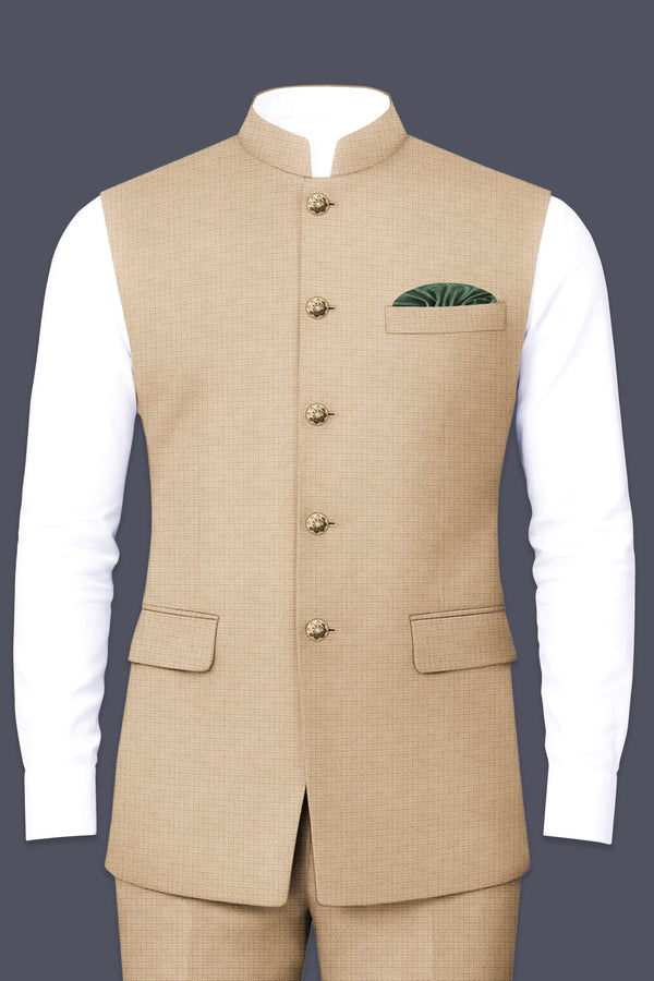 Mahogany-Pavlova Brown Diamond Textured Wool Rich Slight Stretch Nehru Jackets