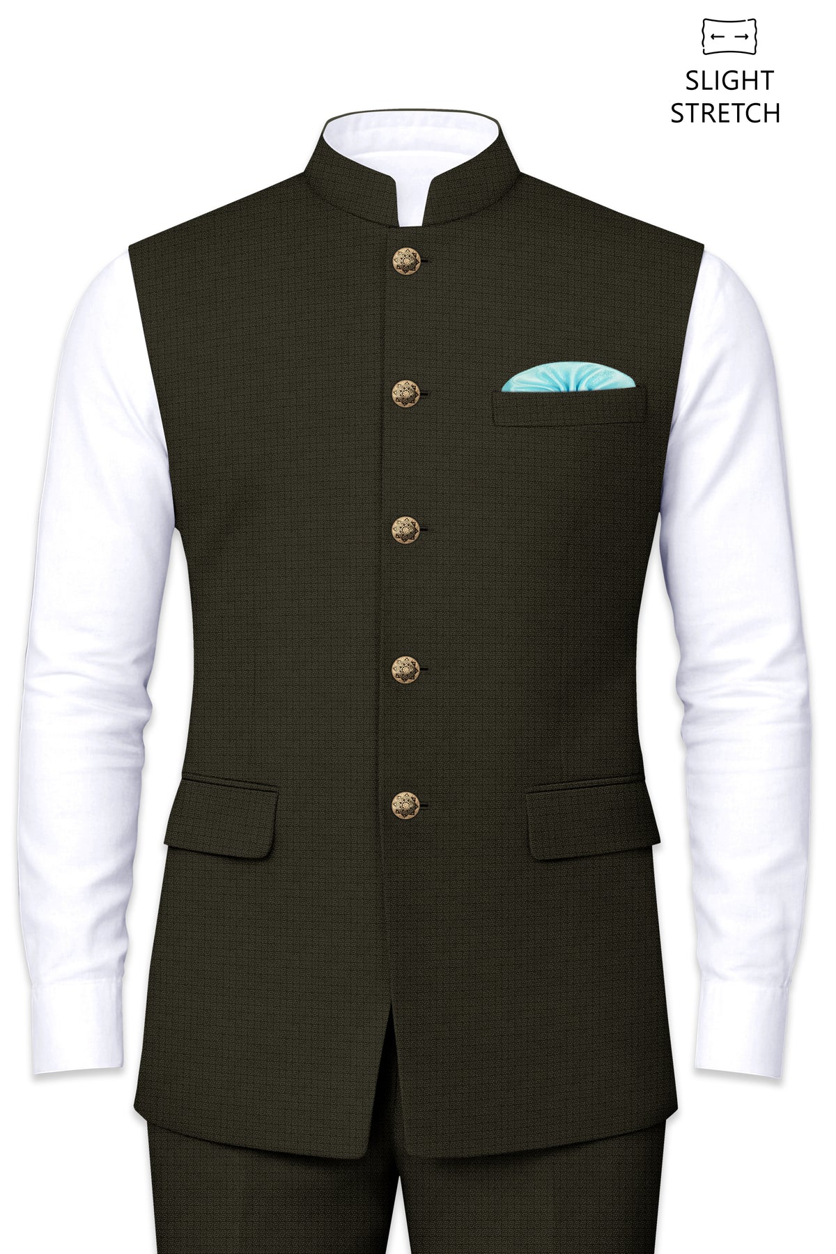 Prestige-Zeus Green Diamond Textured Wool Rich Slight Stretch Nehru Jackets