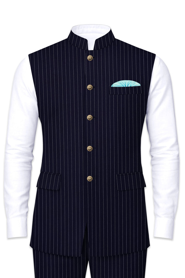 Mariner-Denim Blue And Bright White Chalk Striped Wool Rich Wrinkle-Free Fluid Drape Fabric Nehru Jackets