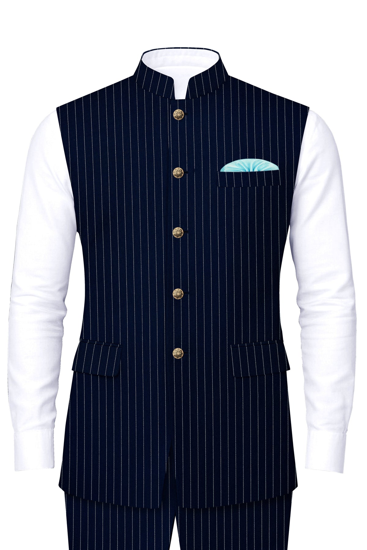 Zenith-Imperial Teal Green And Bright White Chalk Striped Wool Rich Wrinkle-Free Fluid Drape Fabric Nehru Jackets