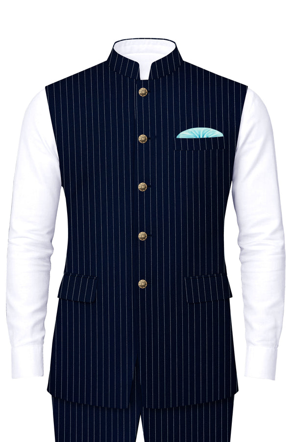 Zenith-Imperial Teal Green And Bright White Chalk Striped Wool Rich Wrinkle-Free Fluid Drape Fabric Nehru Jackets