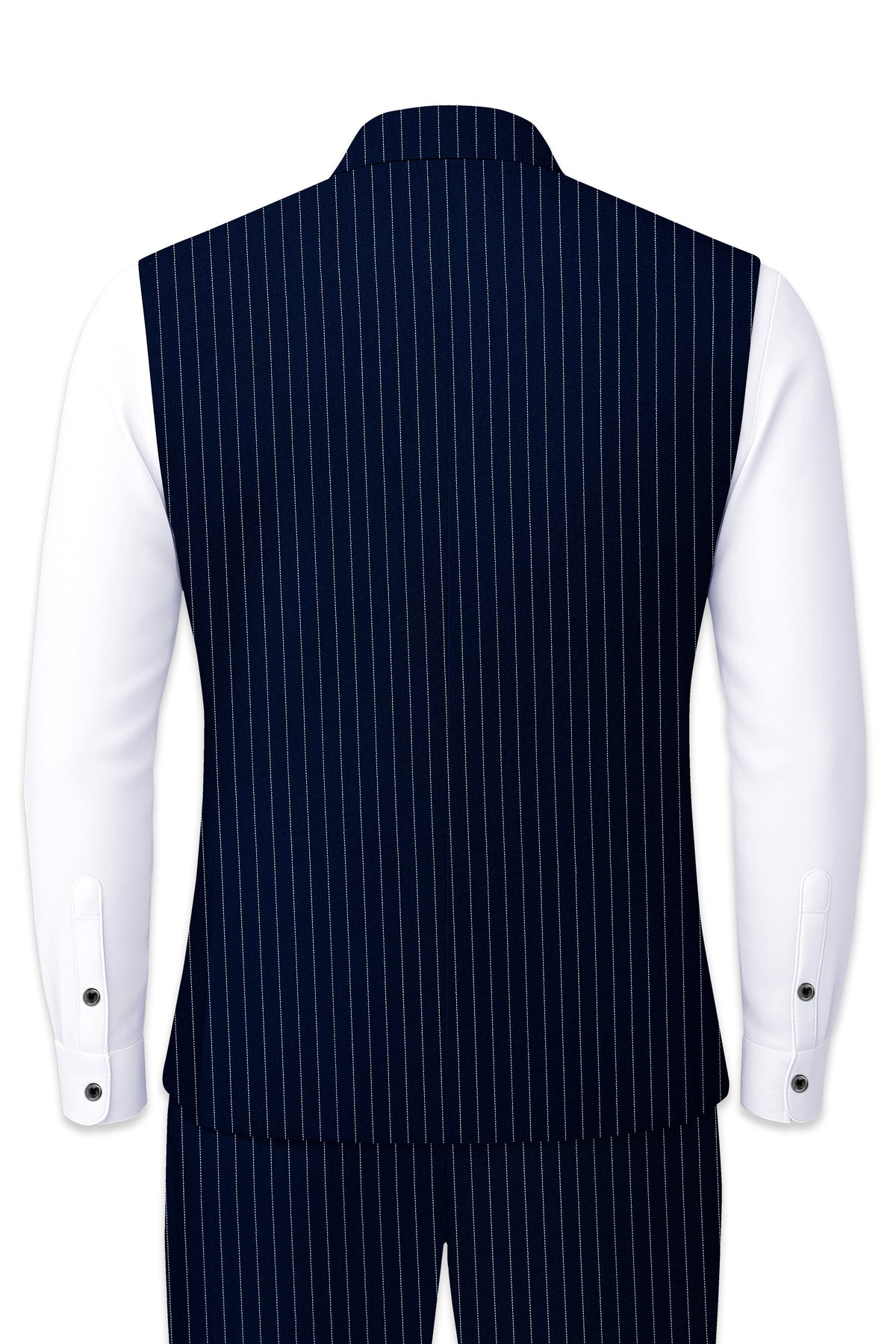 Zenith-Imperial Teal Green And Bright White Chalk Striped Wool Rich Wrinkle-Free Fluid Drape Fabric Nehru Jackets
