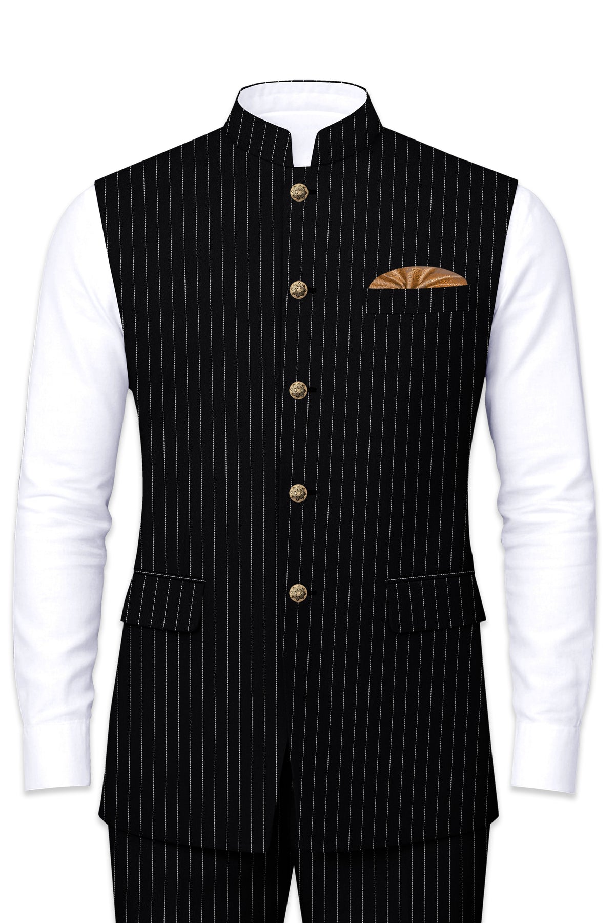 Gravitas-Jade Black And Bright White Chalk Striped Wool Rich Wrinkle-Free Fluid Drape Fabric Nehru Jackets