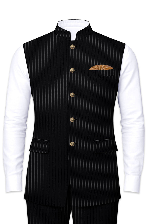 Gravitas-Jade Black And Bright White Chalk Striped Wool Rich Wrinkle-Free Fluid Drape Fabric Nehru Jackets