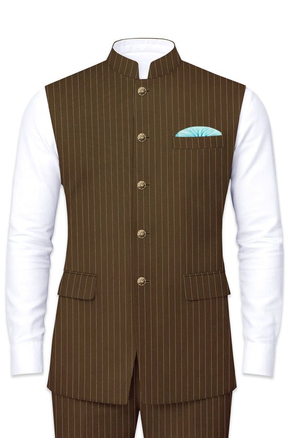 Sable-Antique Brown Chalk Striped Wool Rich Wrinkle-Free Fluid Drape Fabric Nehru Jackets