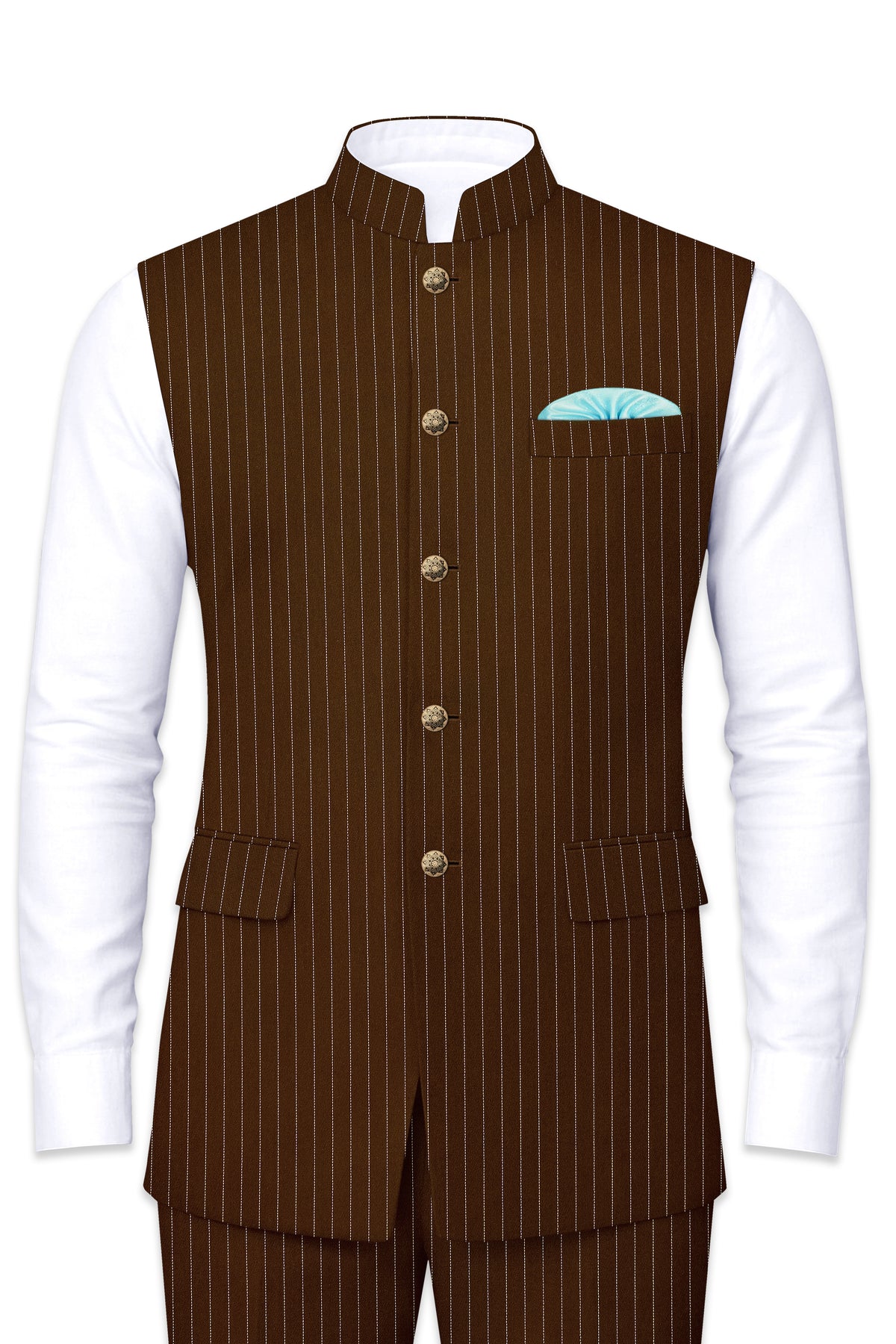 Everton-Clinker Brown Chalk Striped Wool Rich Wrinkle-Free Fluid Drape Fabric Nehru Jackets