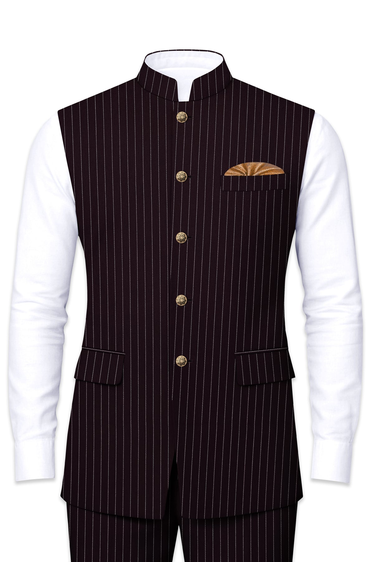 Vesper-Gondola Maroon Chalk Striped Wool Rich Wrinkle-Free Fluid Drape Fabric Nehru Jackets