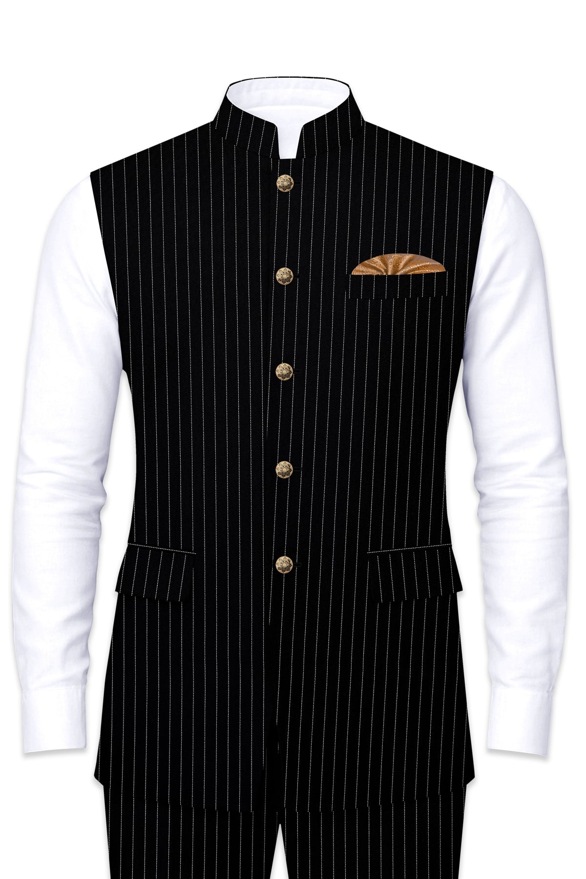 Noble-Jade Black Chalk Striped Wool Rich Wrinkle-Free Fluid Drape Fabric Nehru Jackets