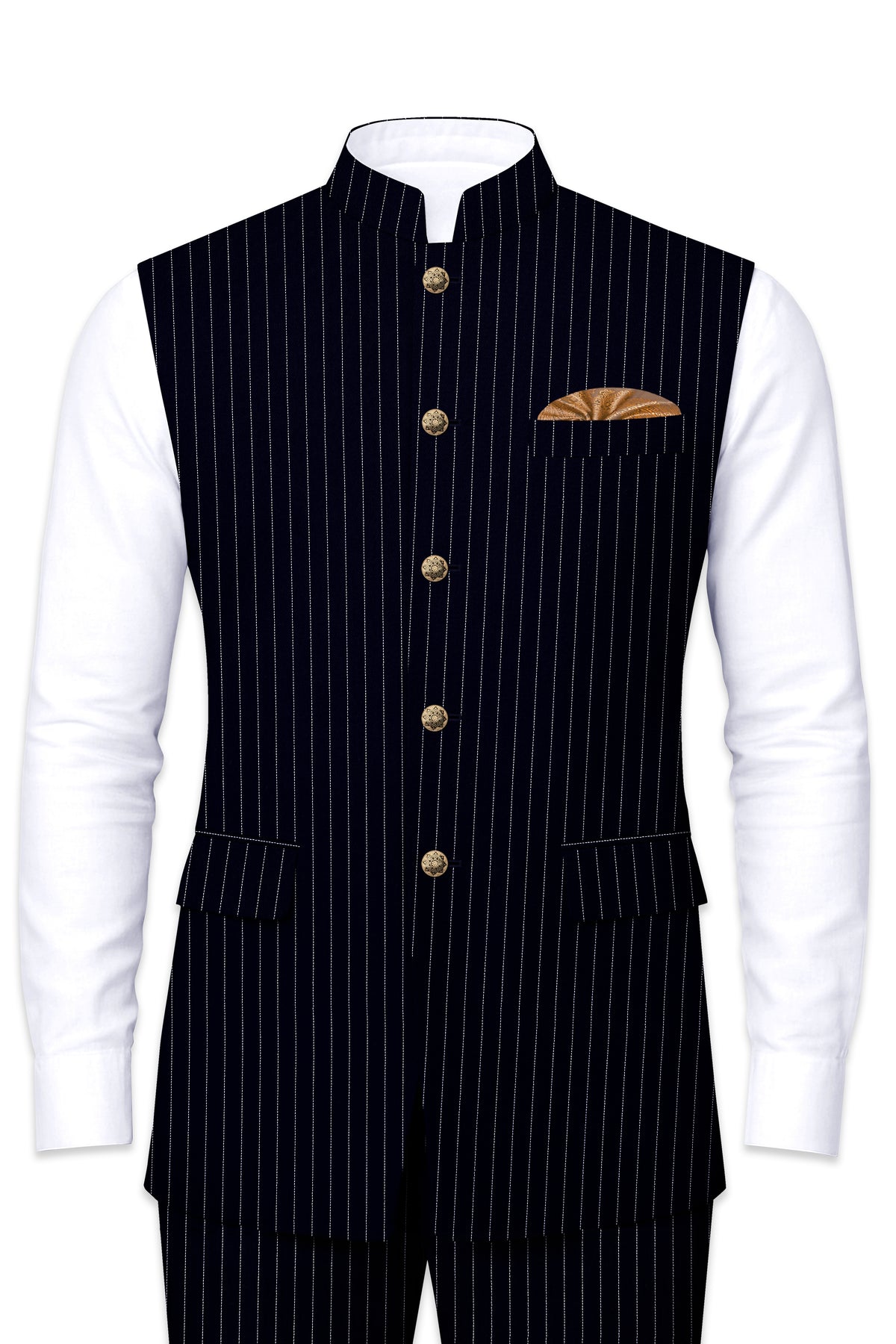 Windsor-Navy Blue Chalk Striped Wool Rich Wrinkle-Free Fluid Drape Fabric Nehru Jackets