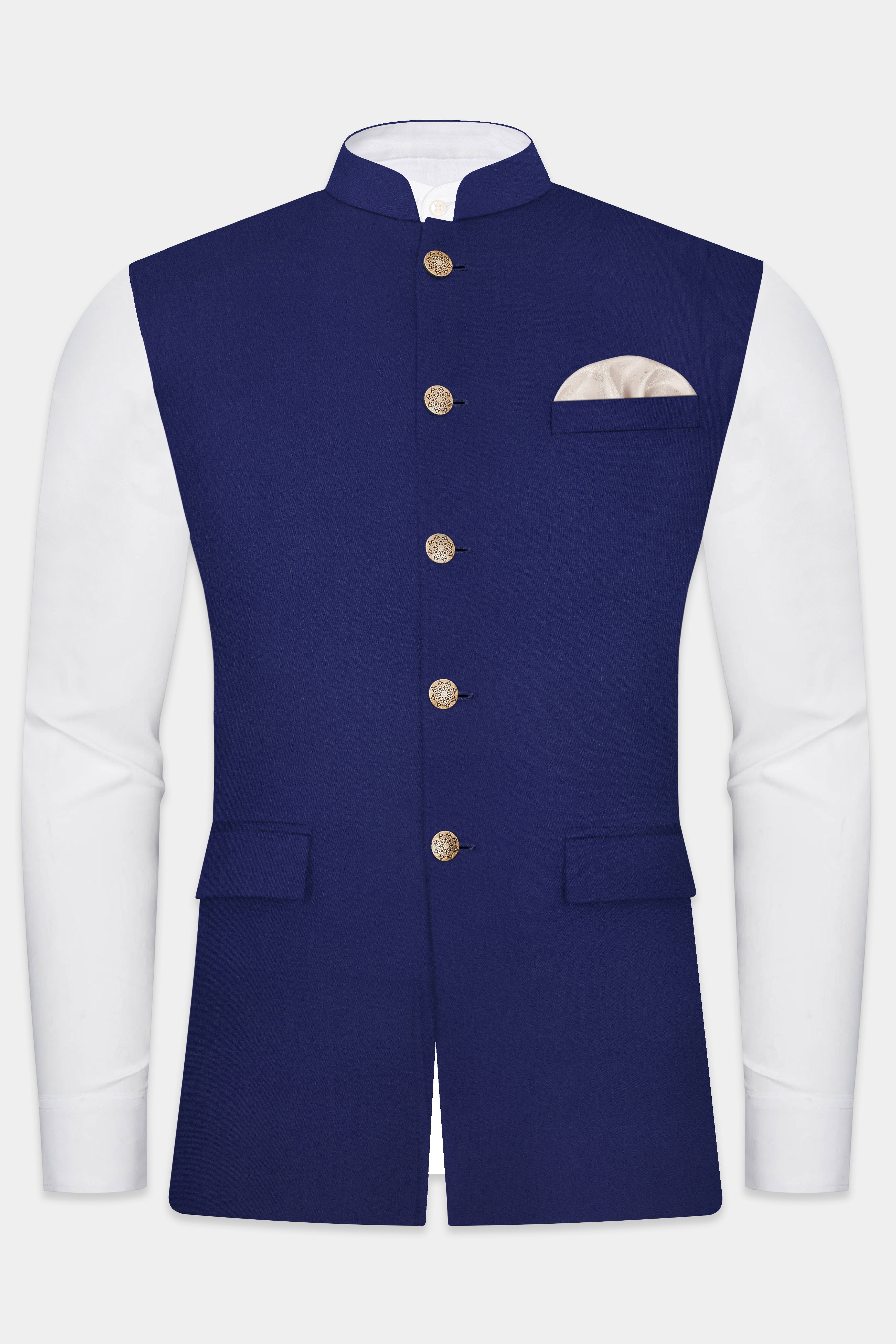 Celestia-Zodiac Blue Solid Wool Rich Nehru Jacket