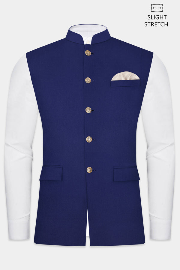 Celestia-Blue Solid Wool Rich Slight Stretch Nehru Jacket
