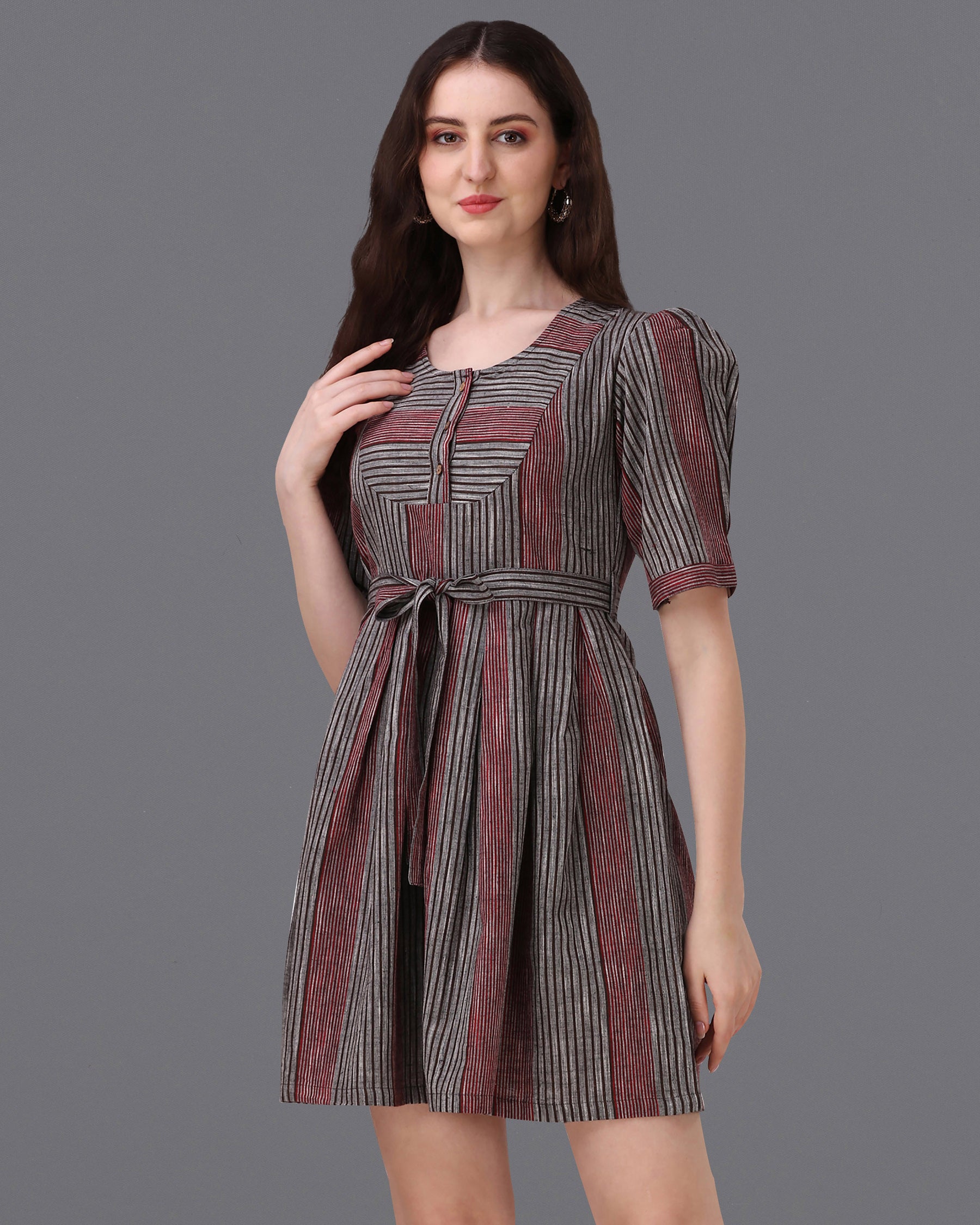 Granite Gray with Moccaccino Red Super Soft Premium Cotton Thigh Length Dress WD035-32, WD035-34, WD035-36, WD035-38, WD035-40, WD035-42