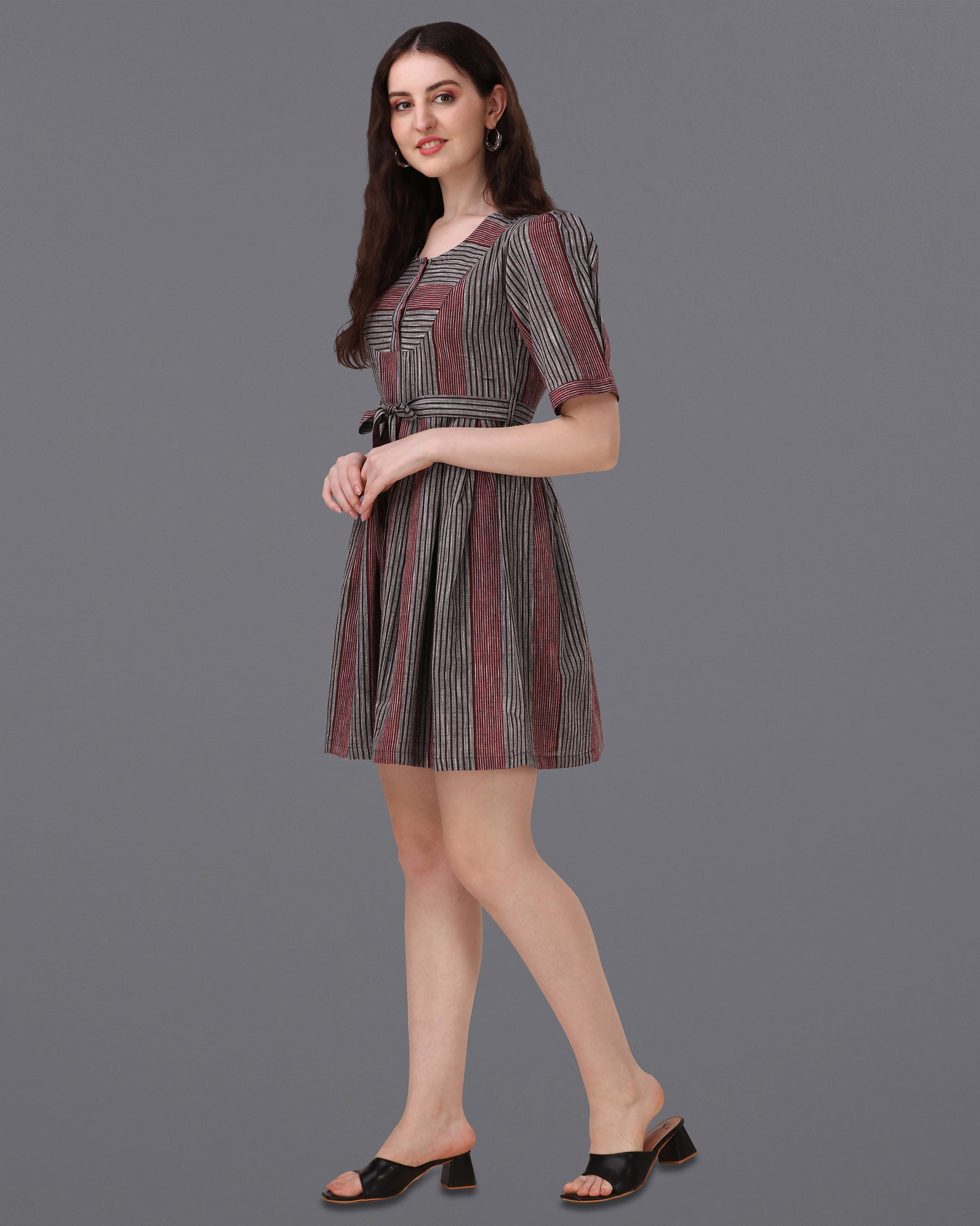 Granite Gray with Moccaccino Red Super Soft Premium Cotton Thigh Length Dress WD035-32, WD035-34, WD035-36, WD035-38, WD035-40, WD035-42