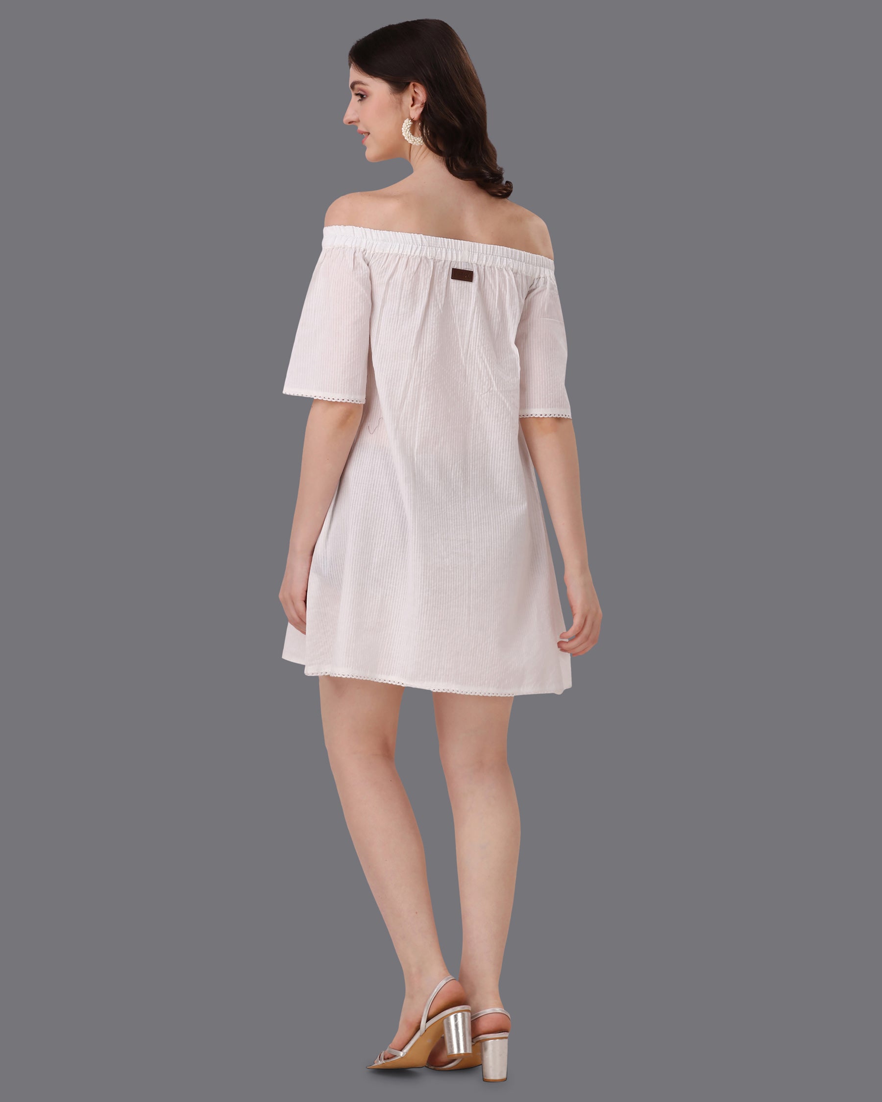 Bright White Pinstriped Super Soft Premium Cotton Off-shoulder Dress WD043-32, WD043-34, WD043-36, WD043-38, WD043-40, WD043-42