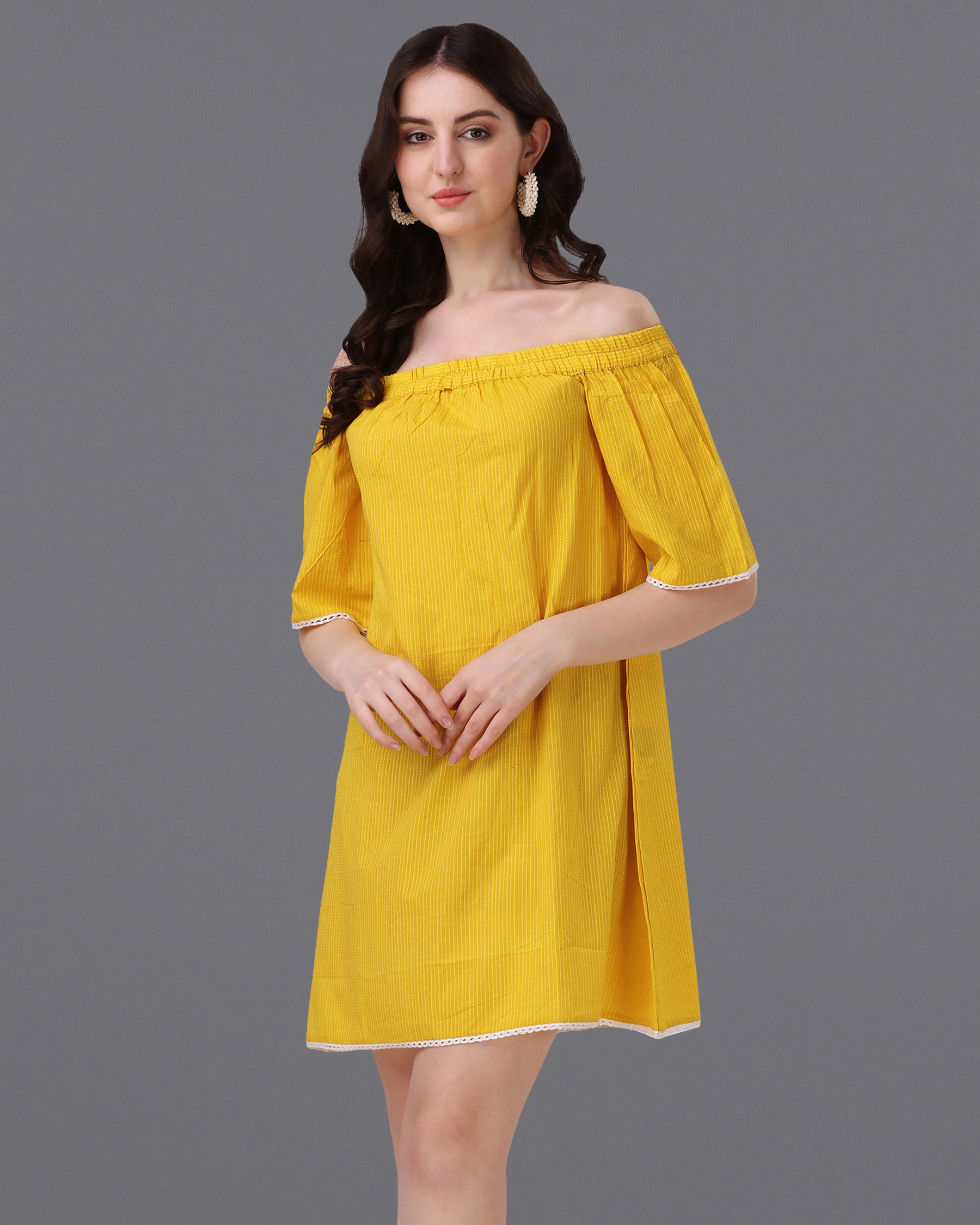 Macaroni Yellow Pinstriped Super Soft Premium Cotton Off-shoulder Dress WD044-32, WD044-34, WD044-36, WD044-38, WD044-40, WD044-42