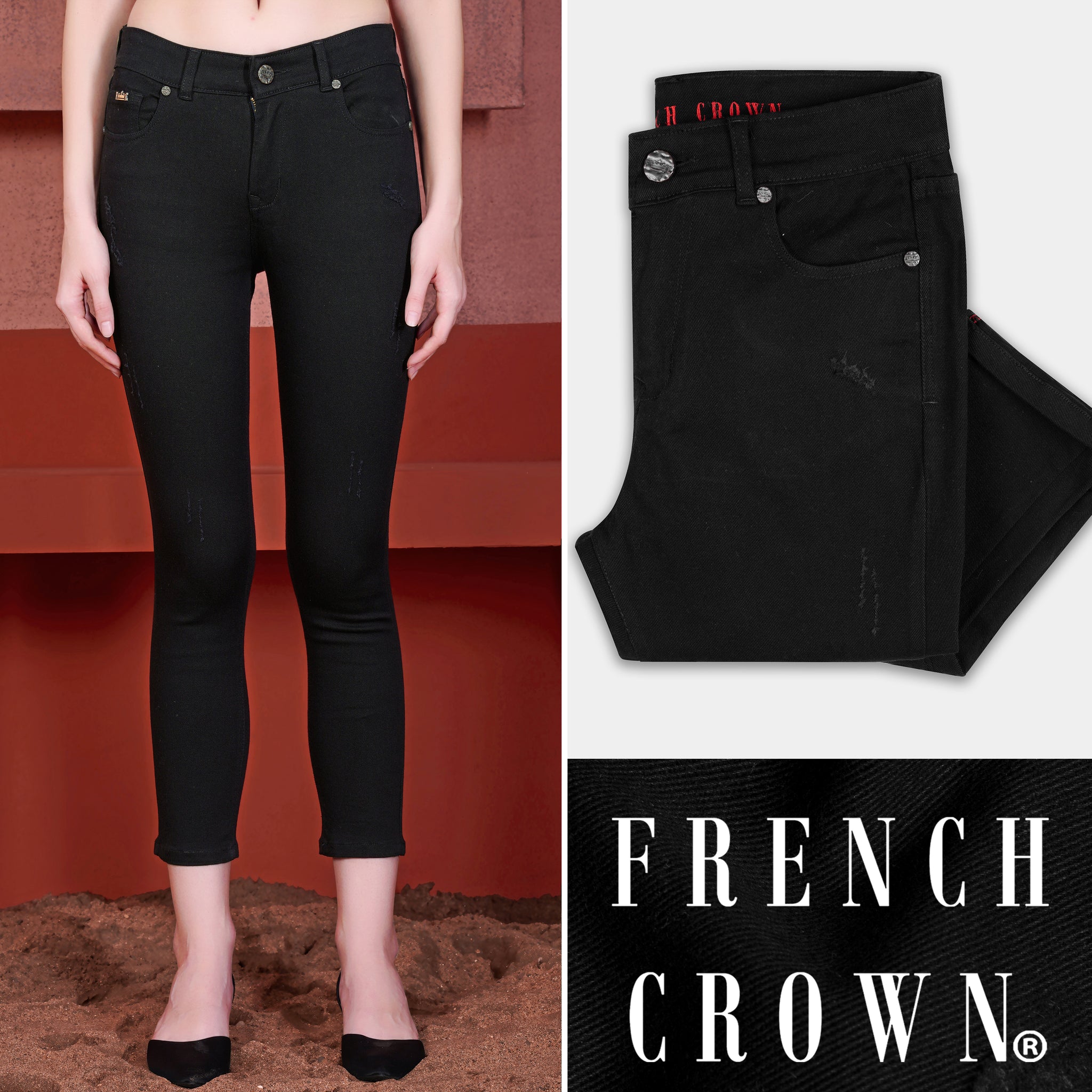 GF Ferre Black Washed Mid Waist Cotton Denim Skinny Jeans