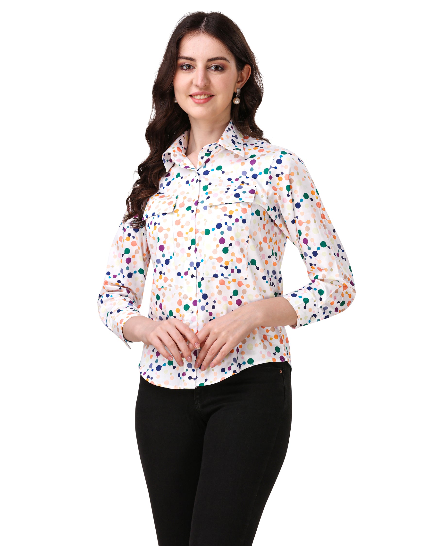 Bright White with Butterfly Bush Blue Formal Casual Prints Premium Cotton Shirt For Woman