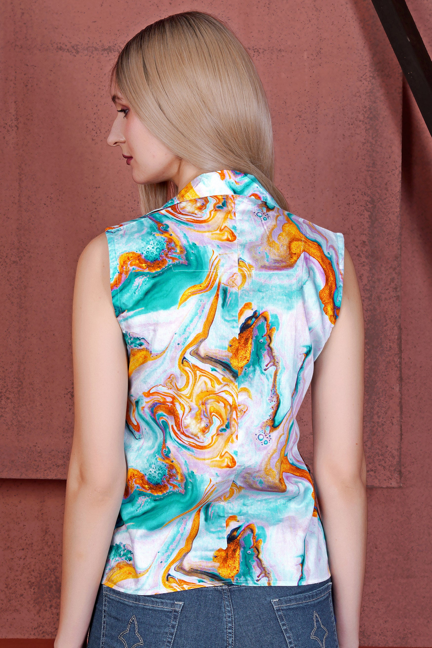 Bright White and Cerulean Blue Marble Printed Premium Cotton Designer Shirt