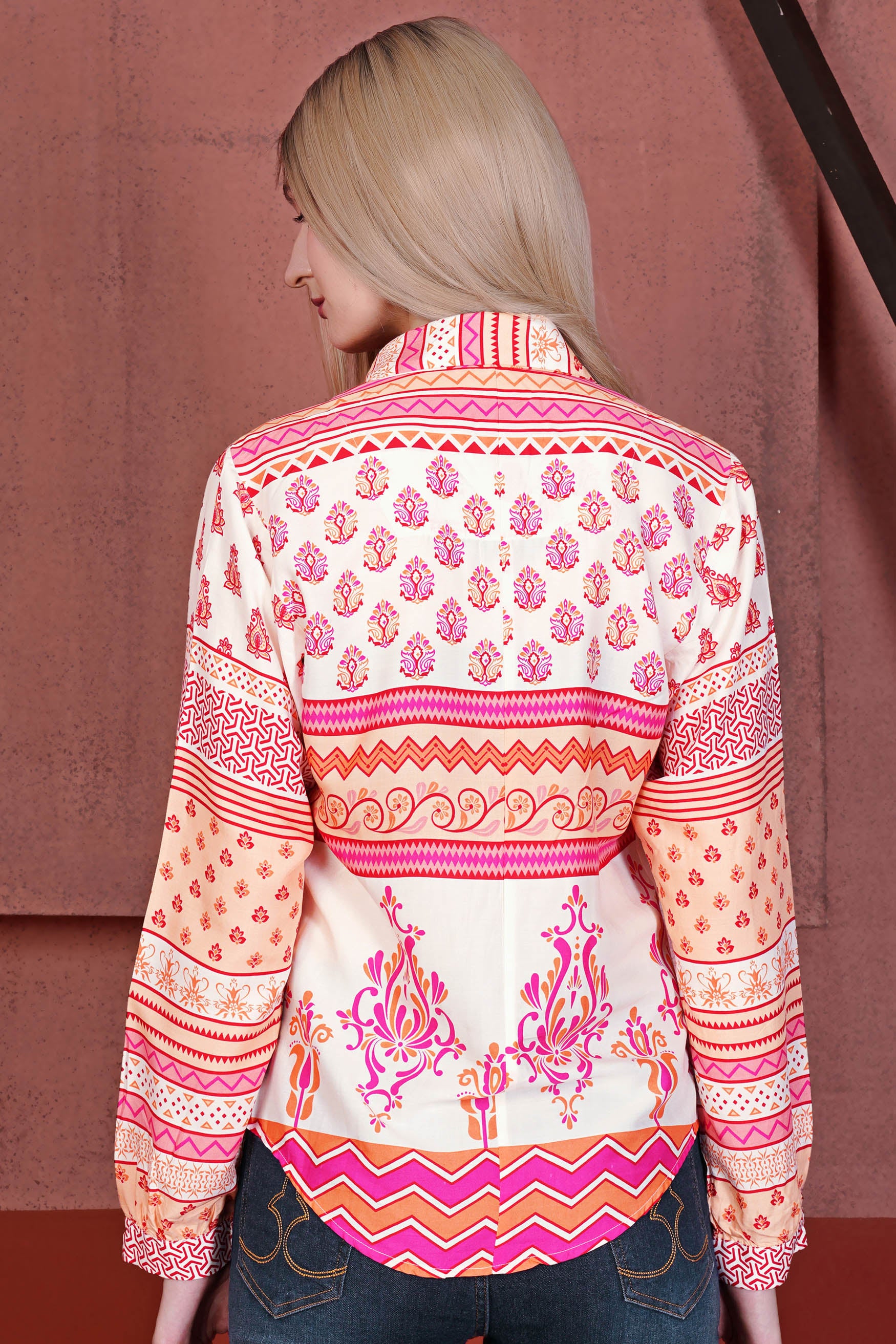 Dawn Cream and Cerise Pink Multicolour Floral and Geometric Printed Premium Tencel Designer Shirt