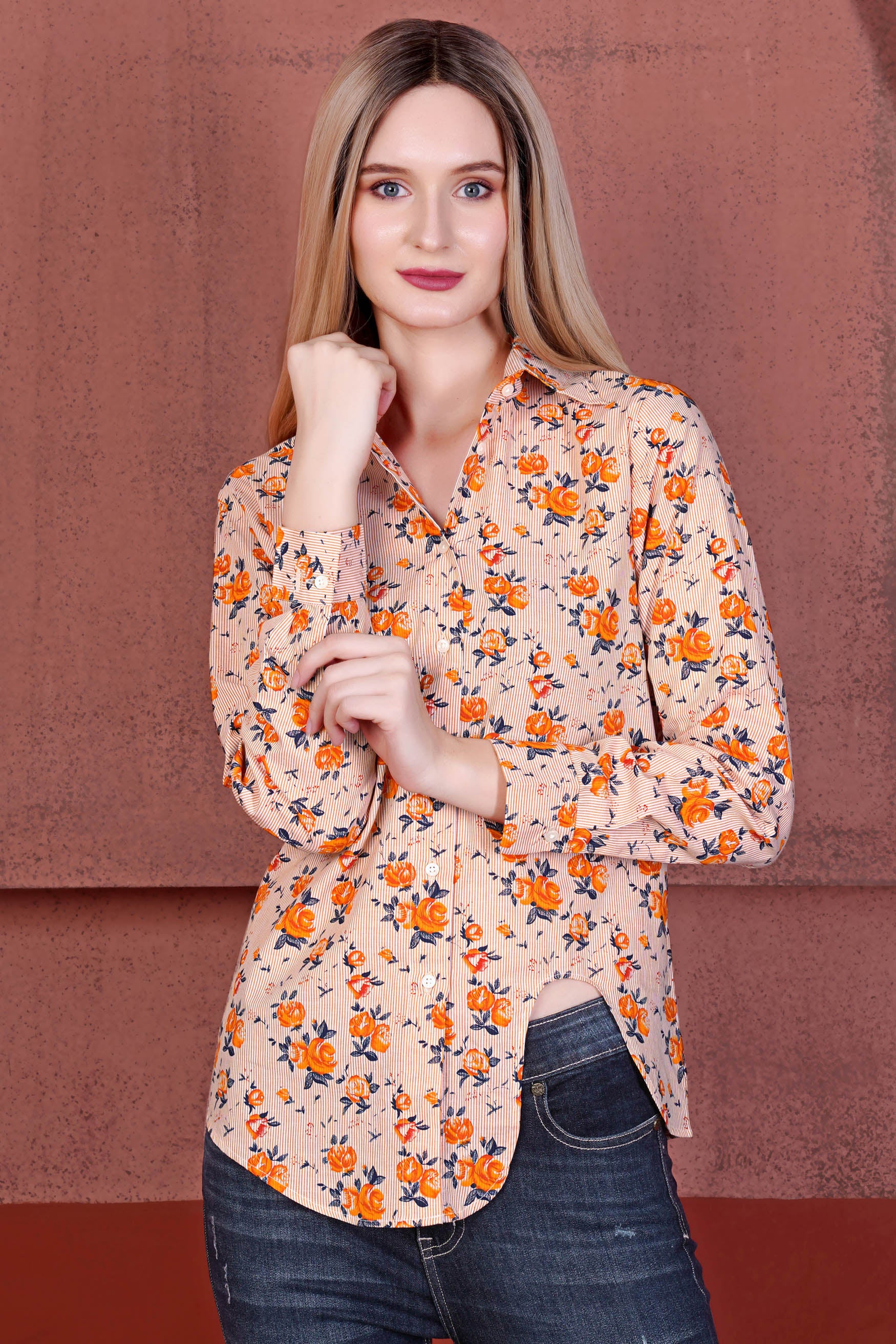 Pumpkin Orange and Burning Sand Brown Pinstriped with Floral Printed Premium Cotton Designer Shirt