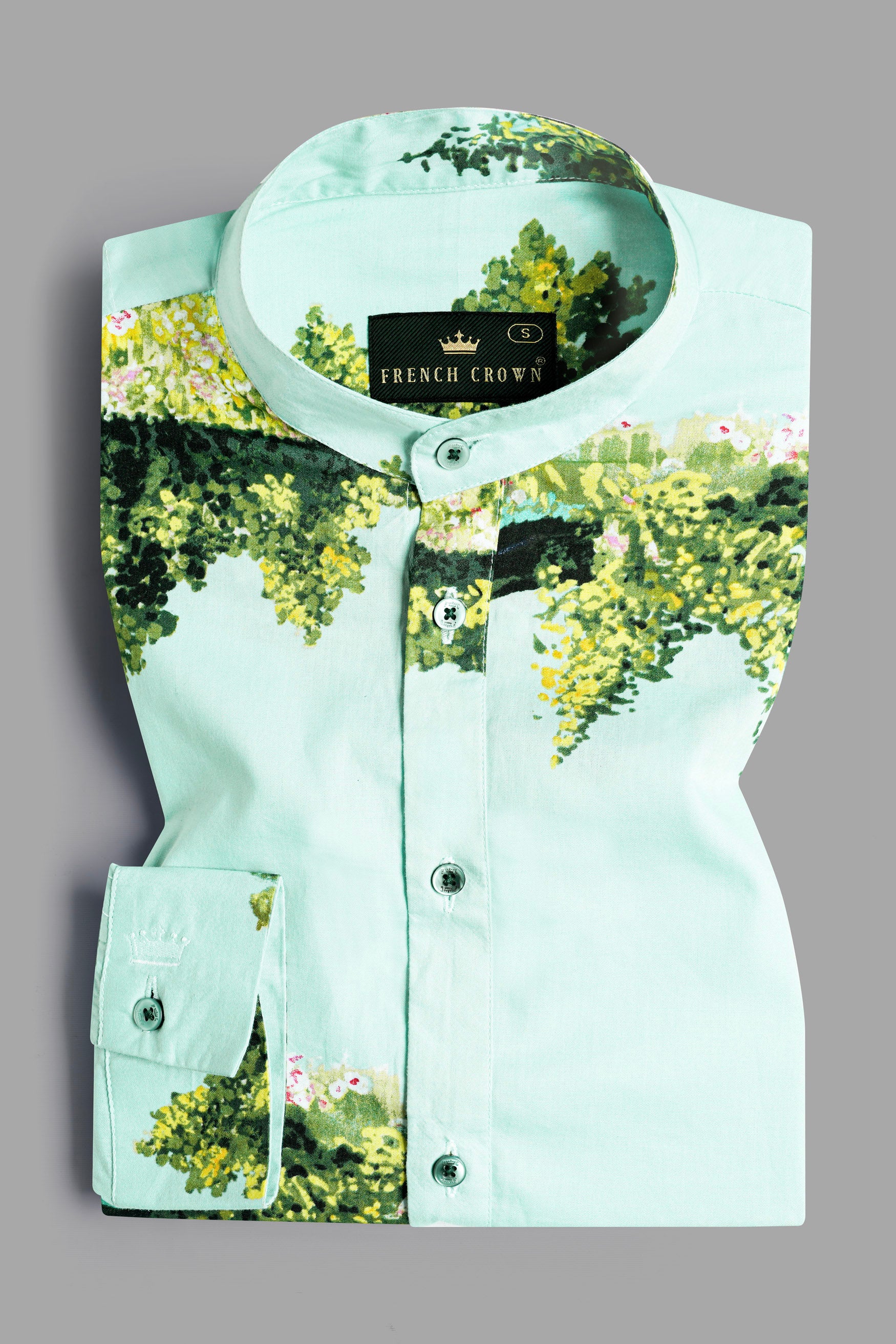 Pale Sky Blue and Chenin Green Landscape Printed Premium Cotton Designer Shirt