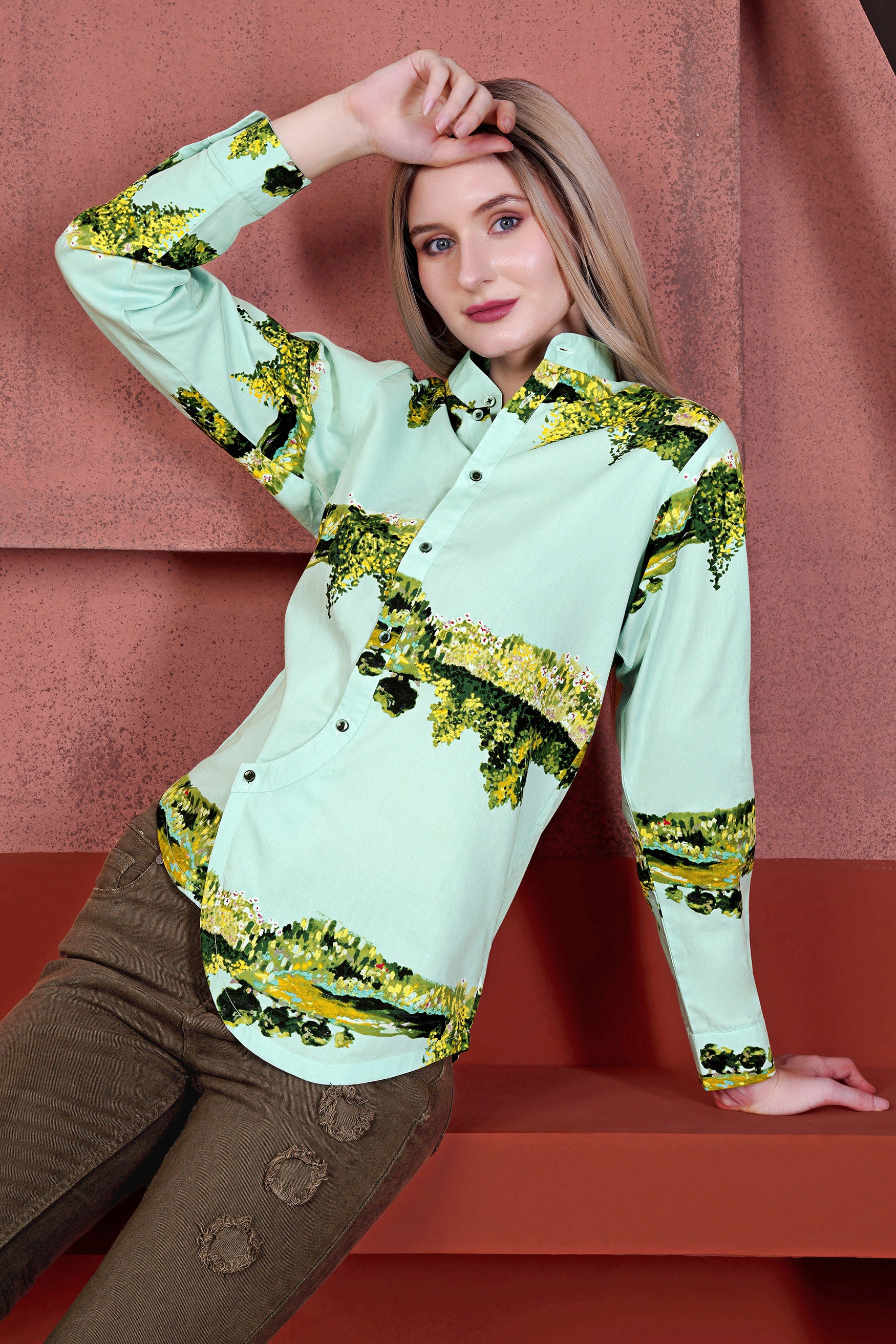 Pale Sky Blue and Chenin Green Landscape Printed Premium Cotton Designer Shirt