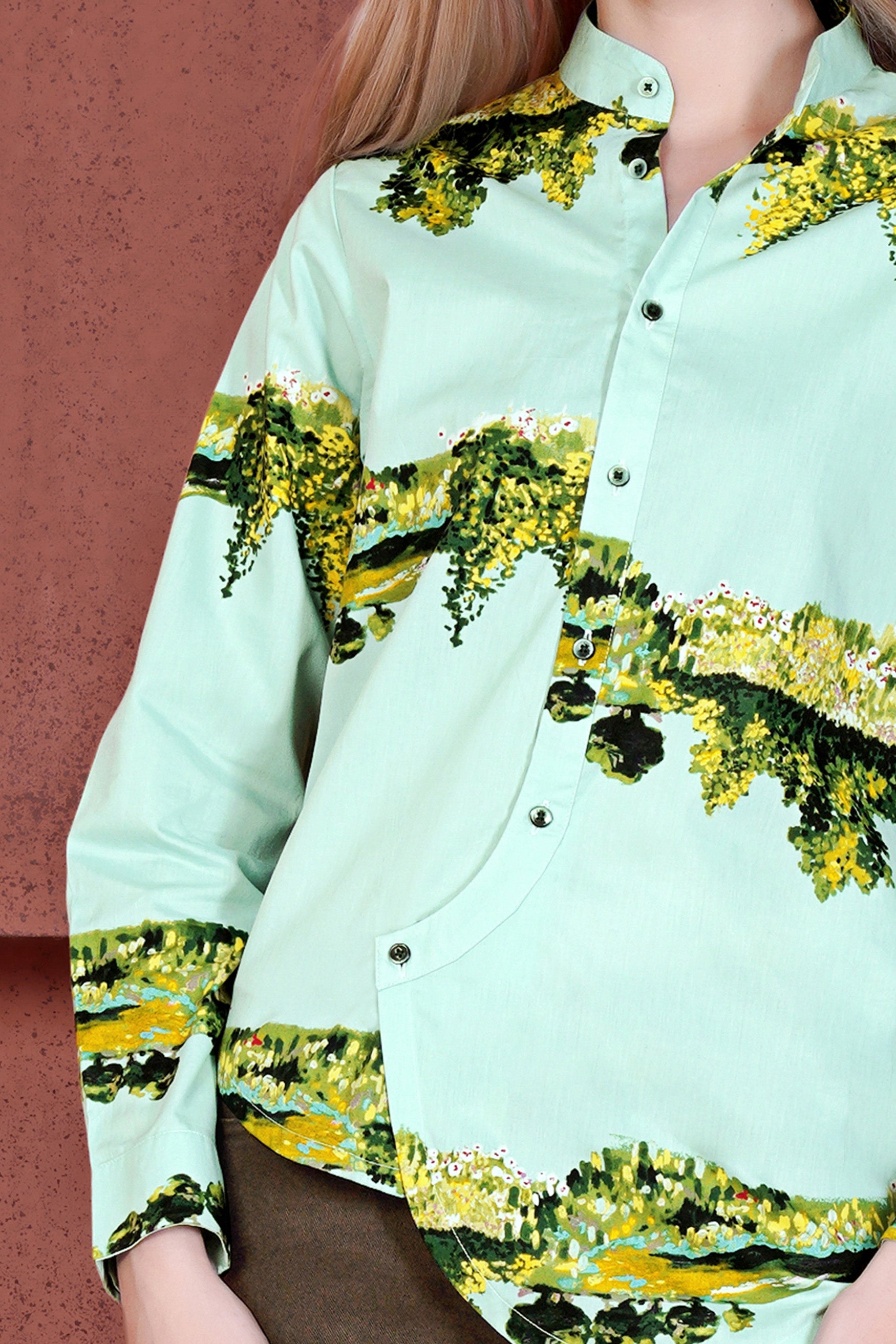 Pale Sky Blue and Chenin Green Landscape Printed Premium Cotton Designer Shirt