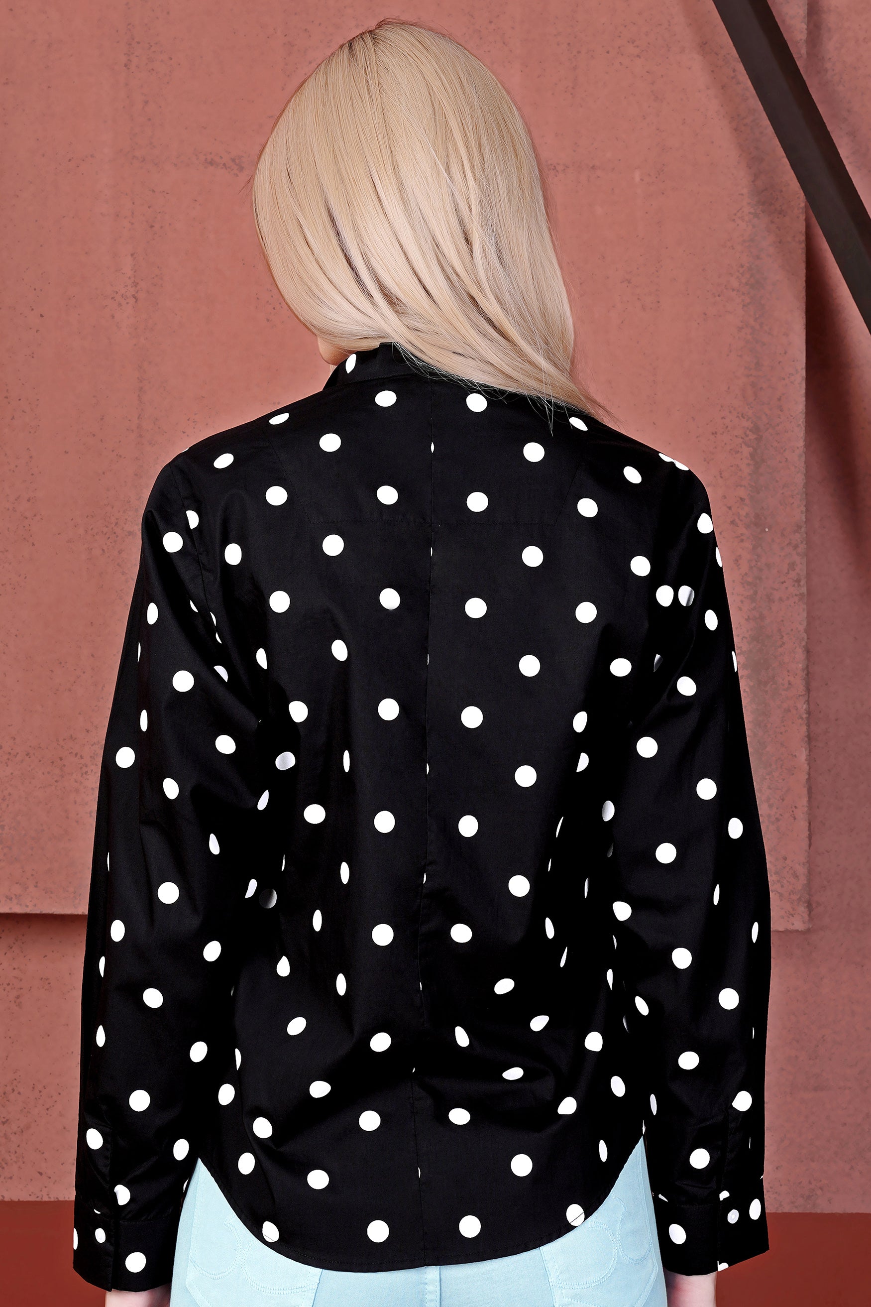 Jade Black and Bright White Polka Dotted Premium Cotton Shirt With Tie-up Neck
