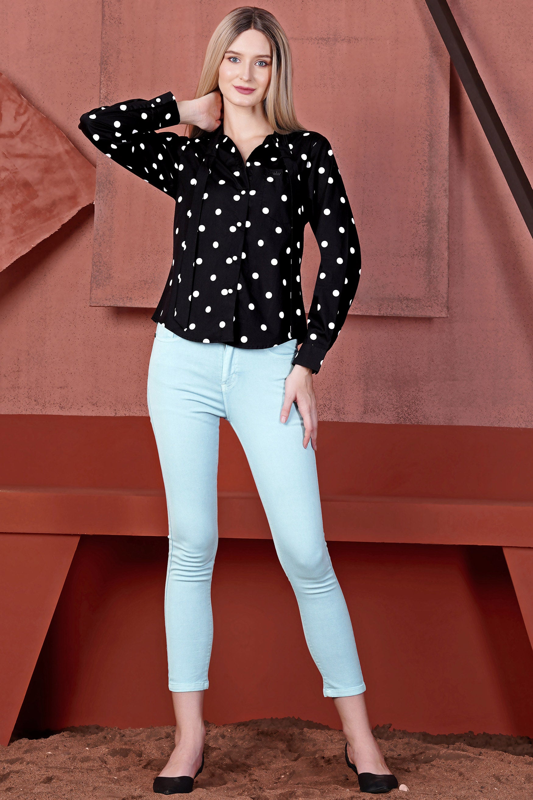 Jade Black and Bright White Polka Dotted Premium Cotton Shirt With Tie-up Neck