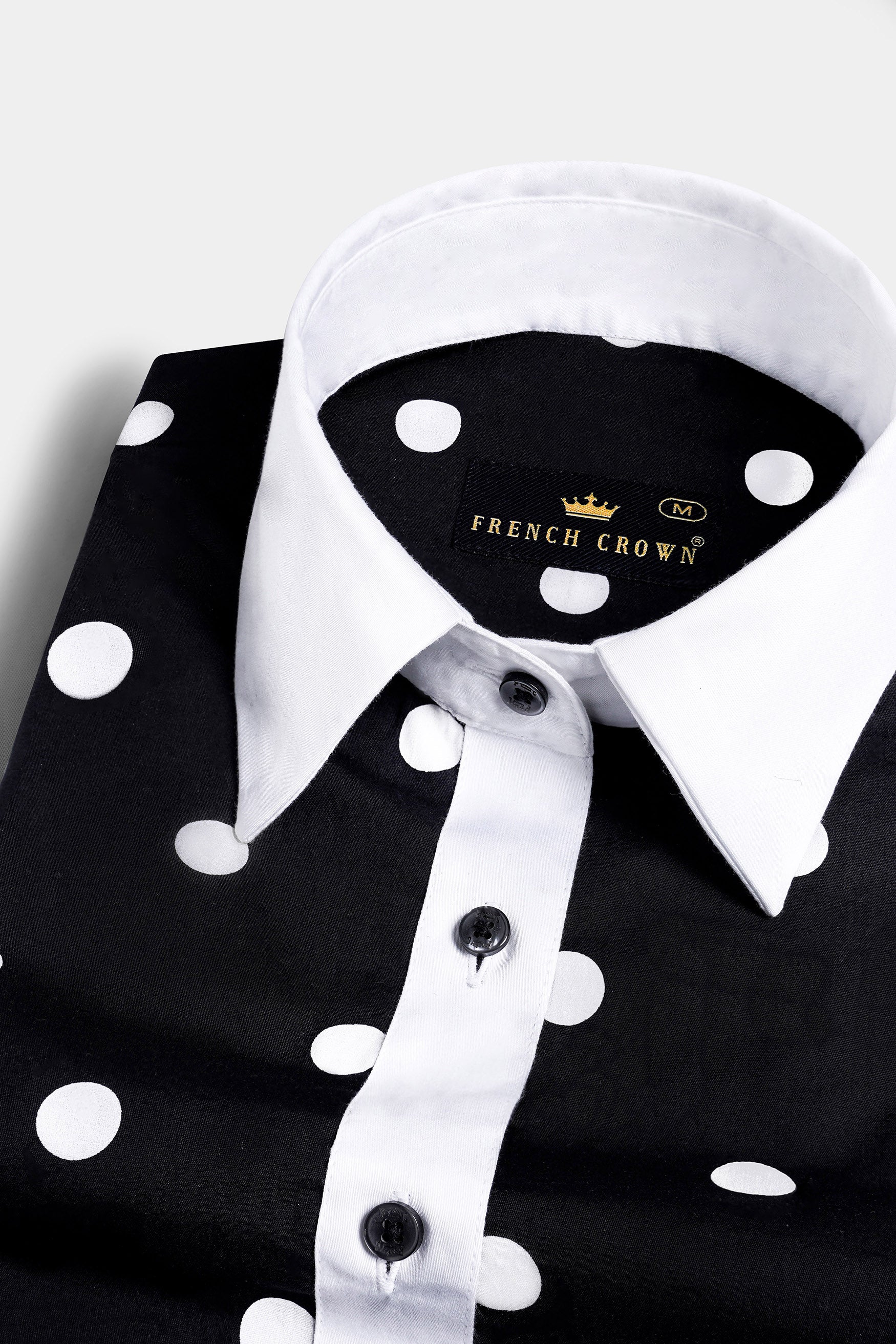 Jade Black and White Polka Dotted Premium Cotton Shirt With White Cuff and Collar