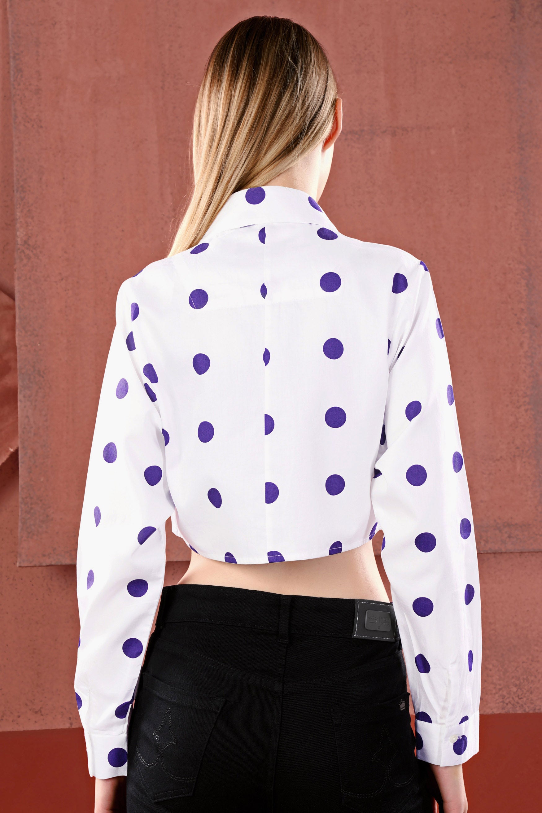 Bright White and Minsk Blue Polka Dots Premium Cotton Crop Shirt