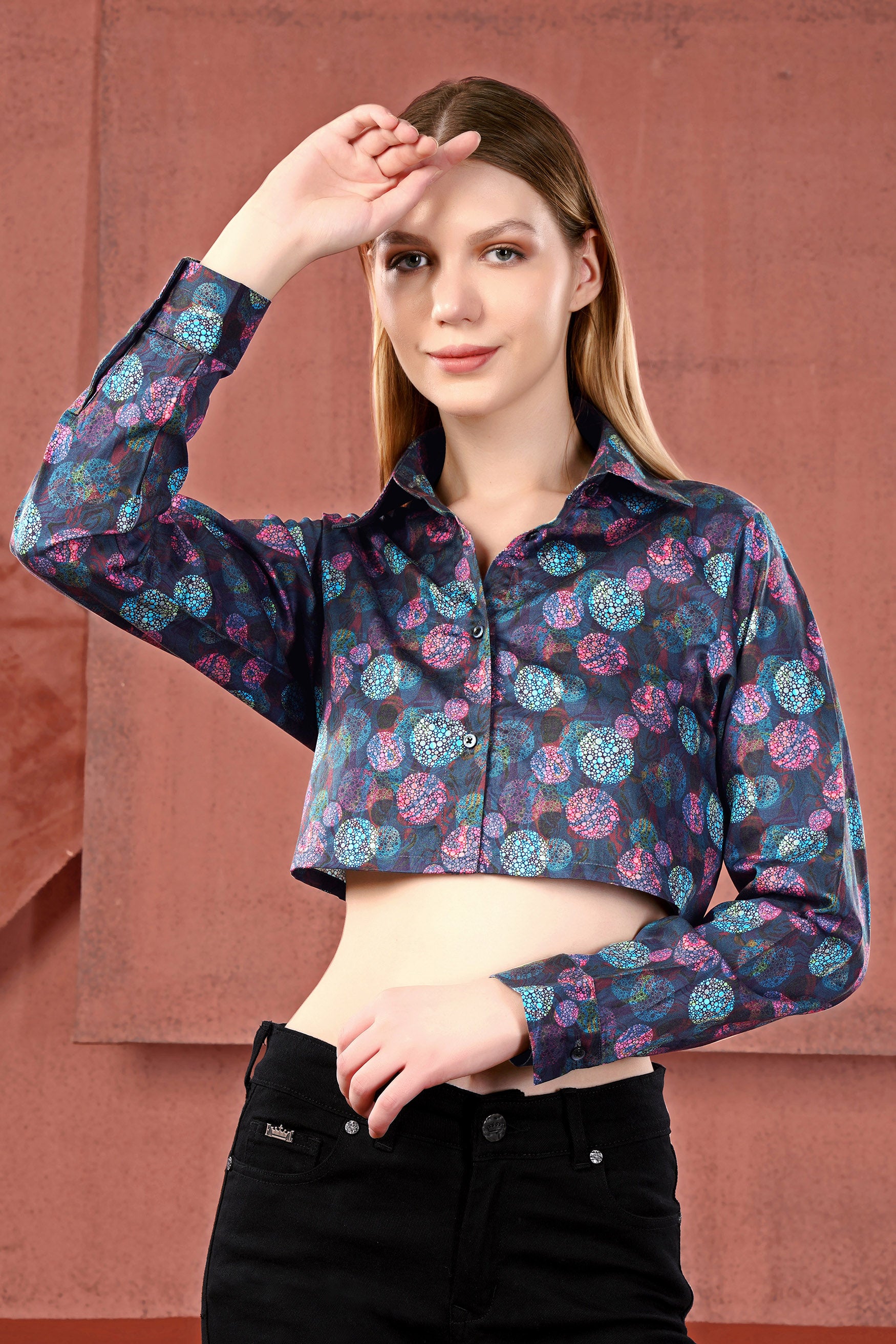 Dianne Blue with Turquoise Blue Abstract Printed Premium Cotton Crop Shirt