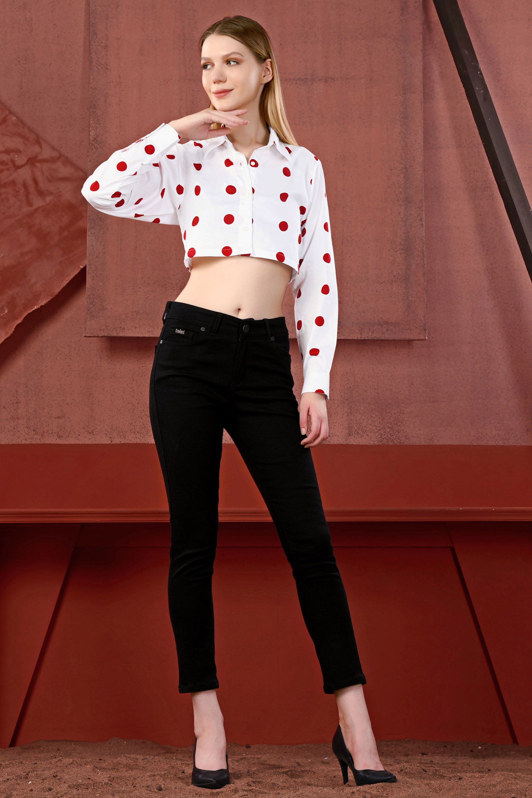 Bright White with Monza Red Polka Dots Premium Cotton Crop Shirt