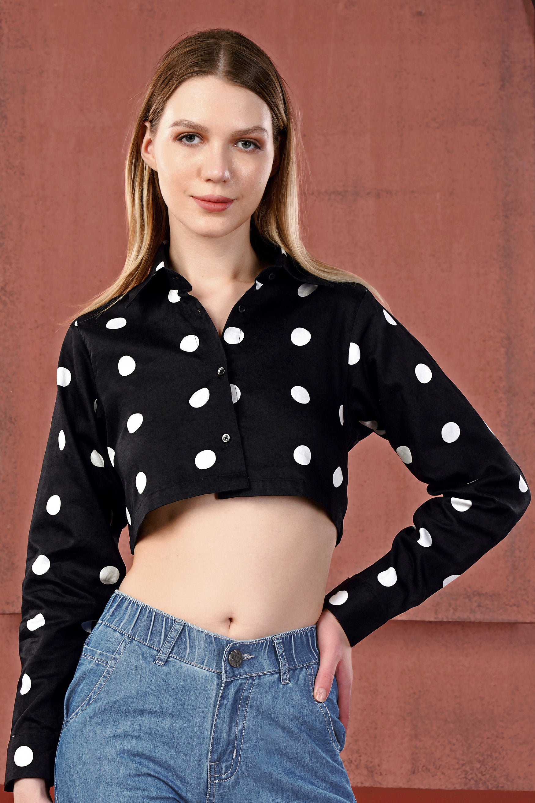 Jade Black and White Polka Dotted Premium Cotton Crop Shirt