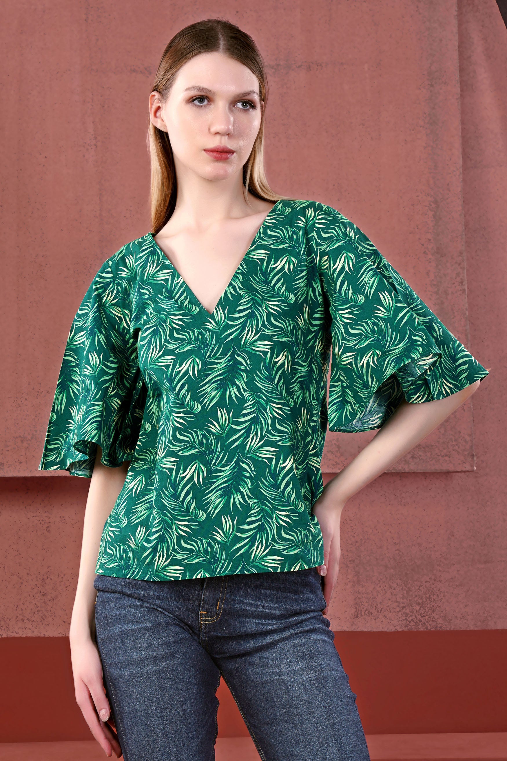 Cyprus Green and Deep Teal Green Leaves Printed Bell Sleeves Premium Cotton V Neck Shirt