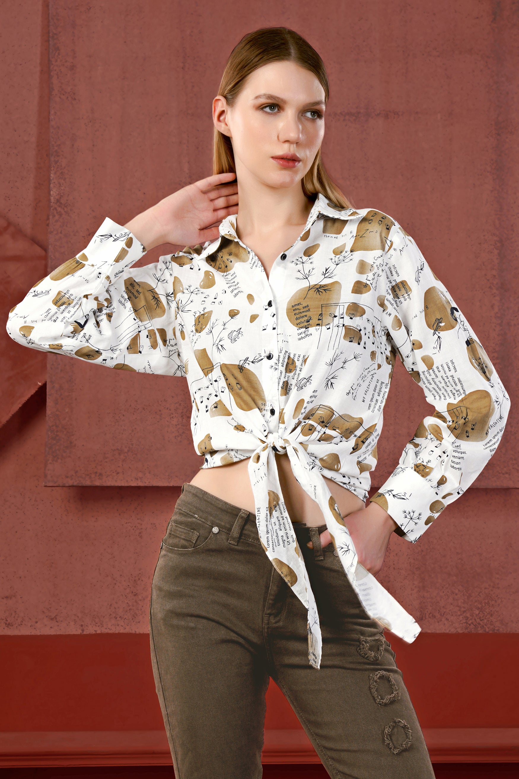 Bright White and Muesli Brown Abstract Printed Premium Tencel Tie Up Style Crop Shirt