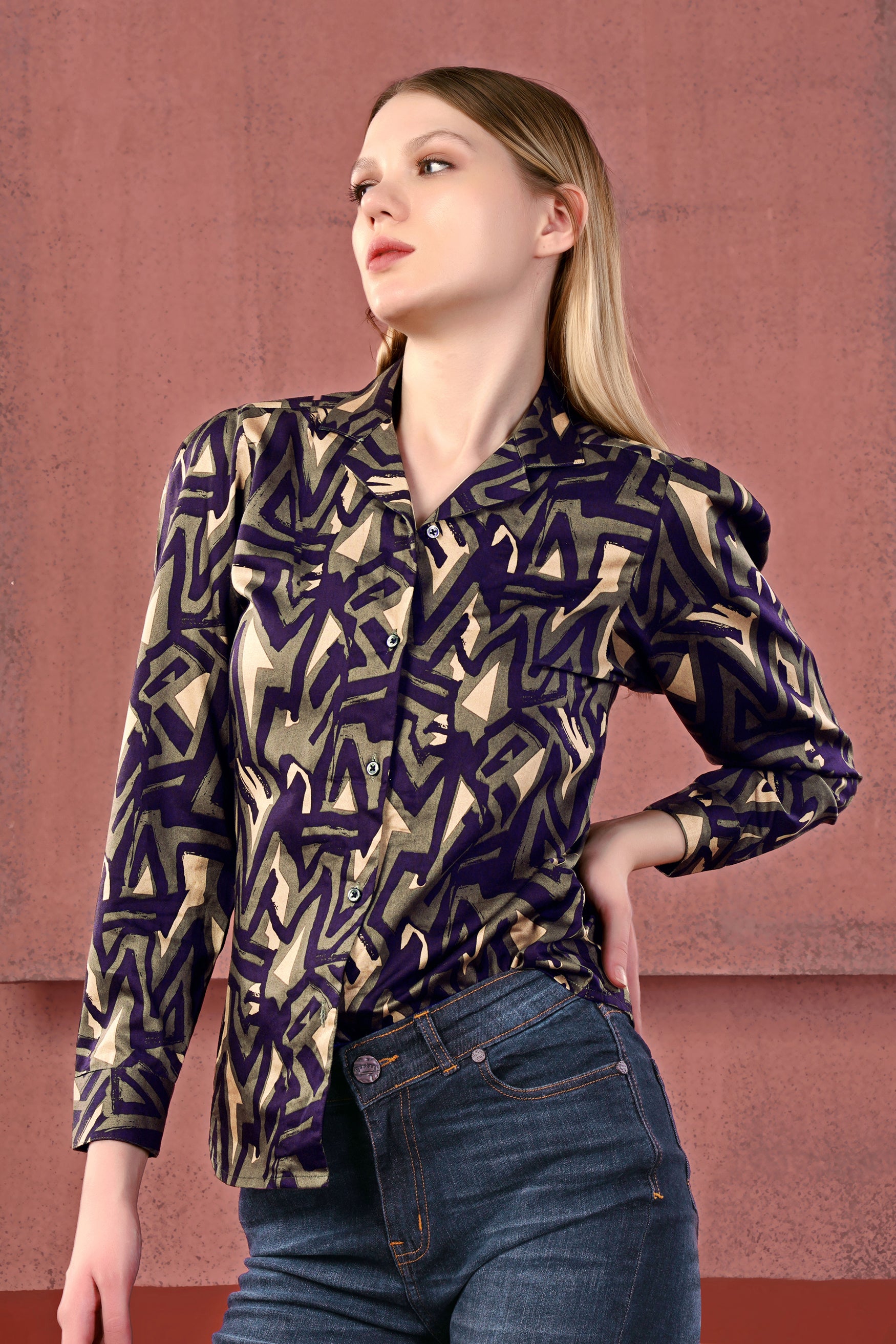 Makara Brown and Haiti Blue Abstract Printed Premium Cotton Shirt