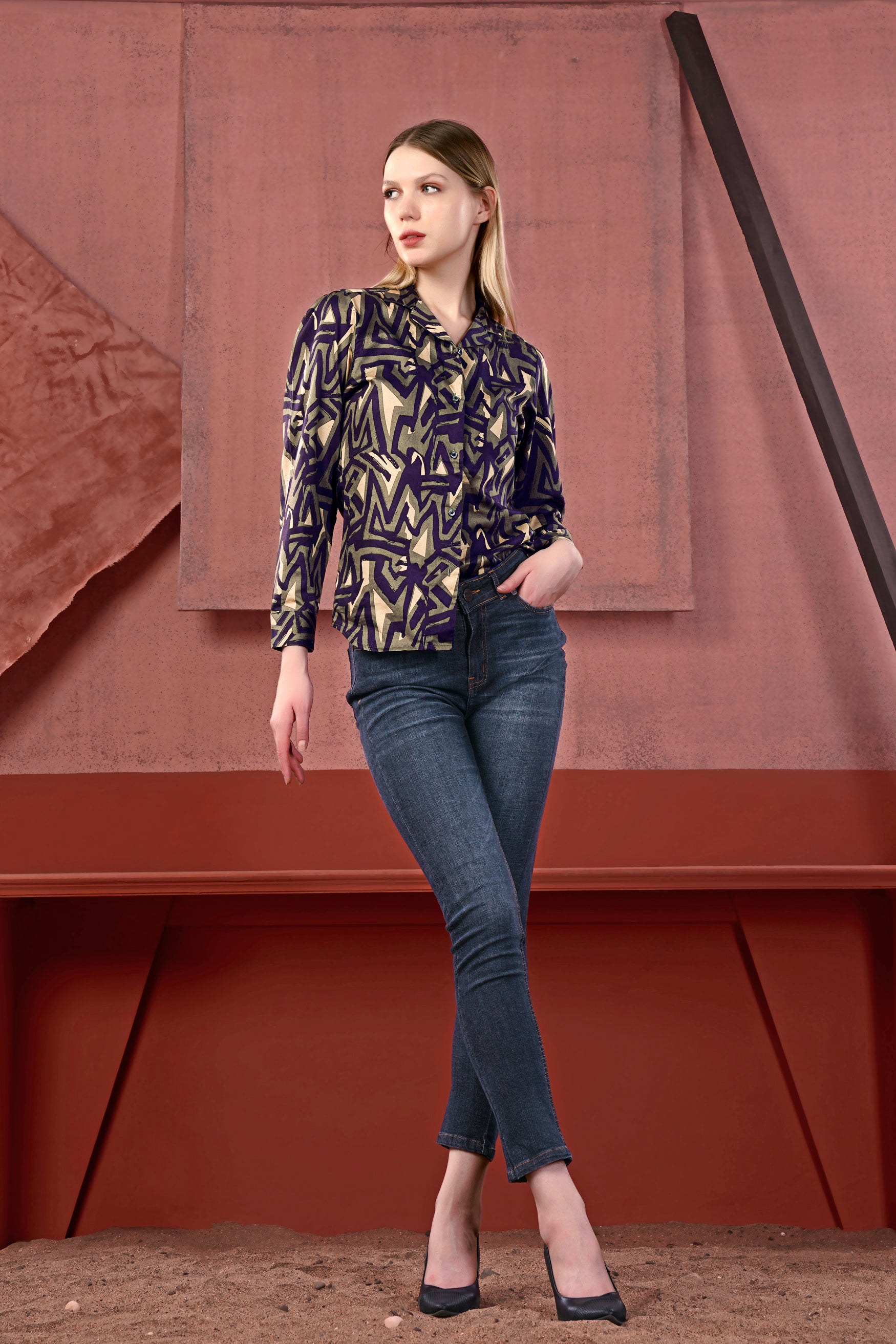 Makara Brown and Haiti Blue Abstract Printed Premium Cotton Shirt