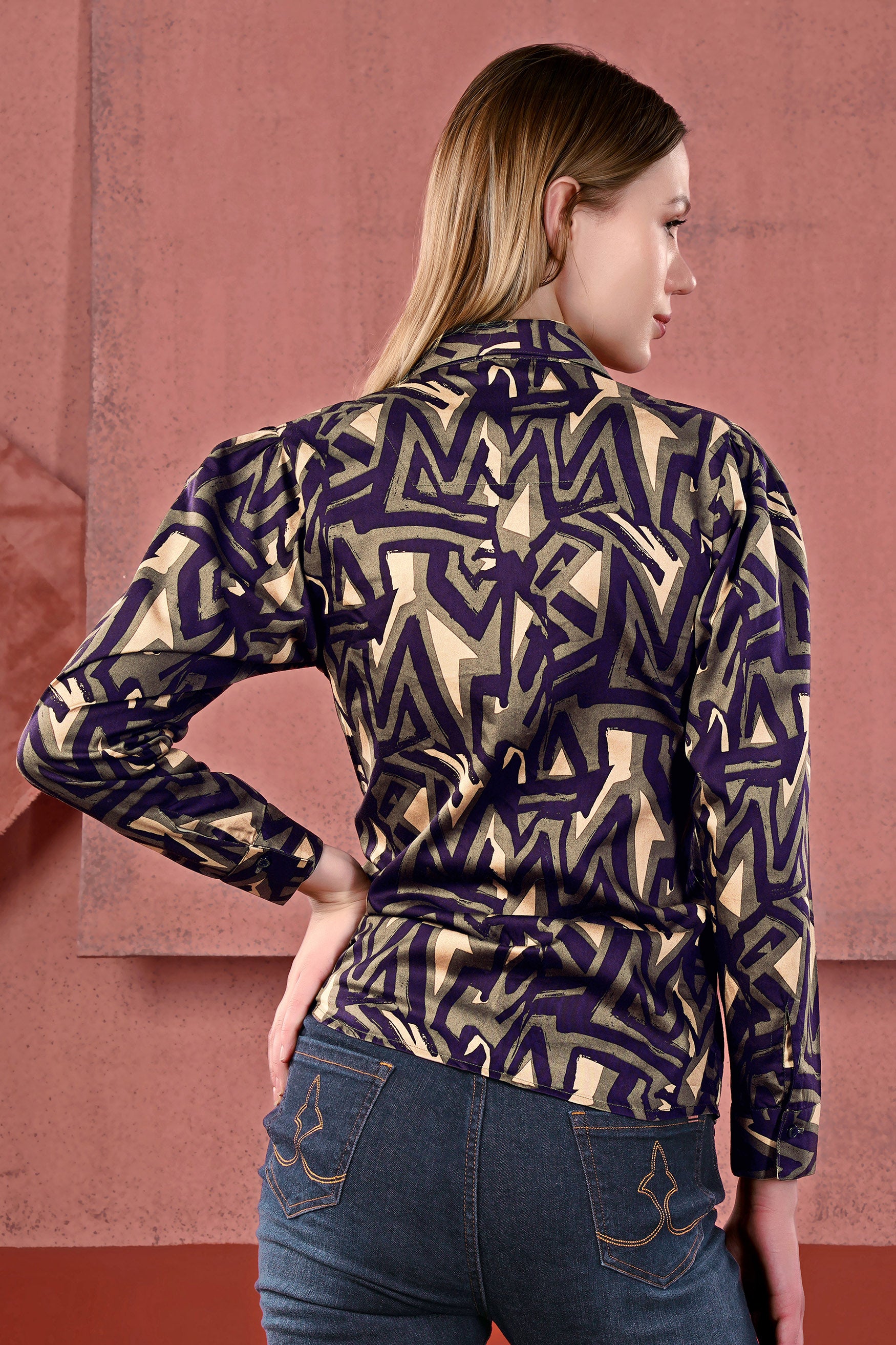 Makara Brown and Haiti Blue Abstract Printed Premium Cotton Shirt