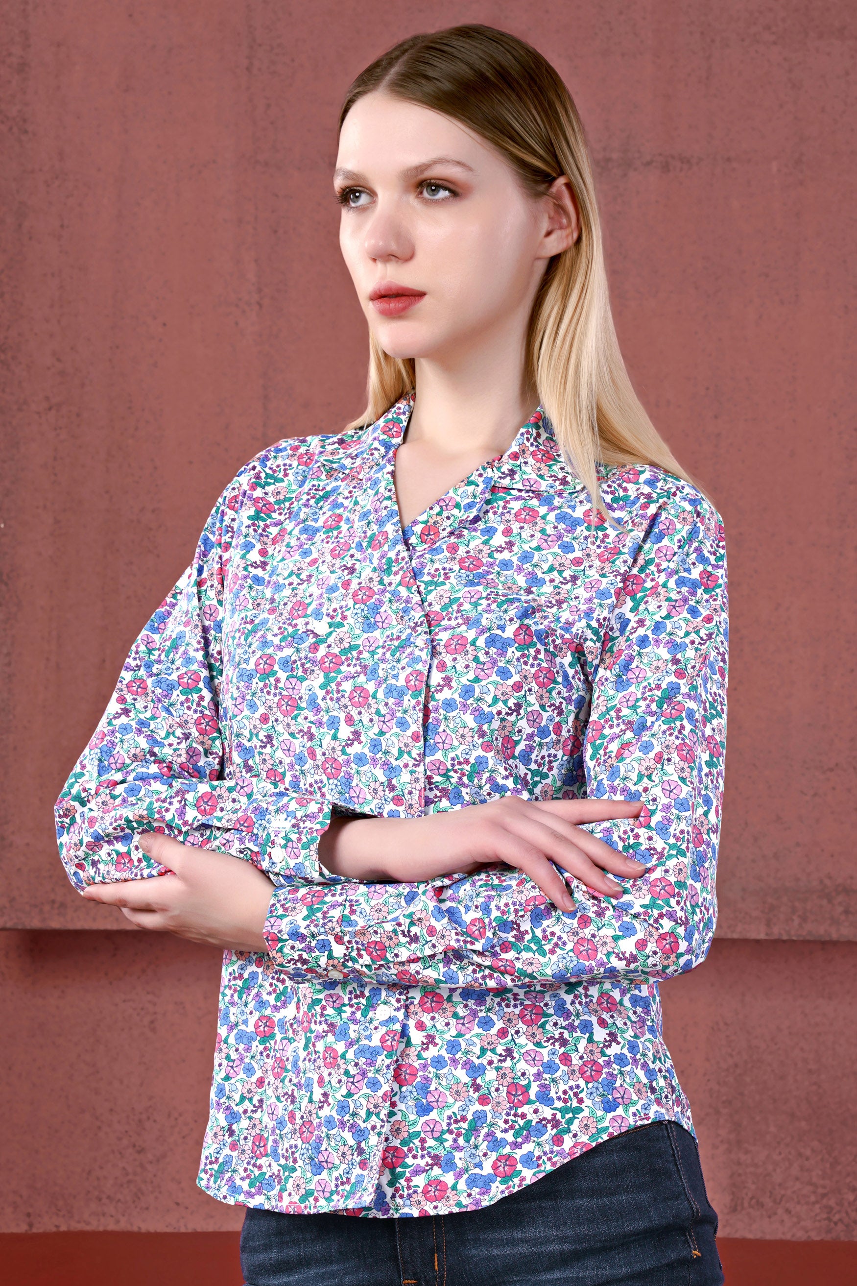 Bright White with Mauve Pink Multicolour Ditsy Printed Premium Cotton Designer Shirt