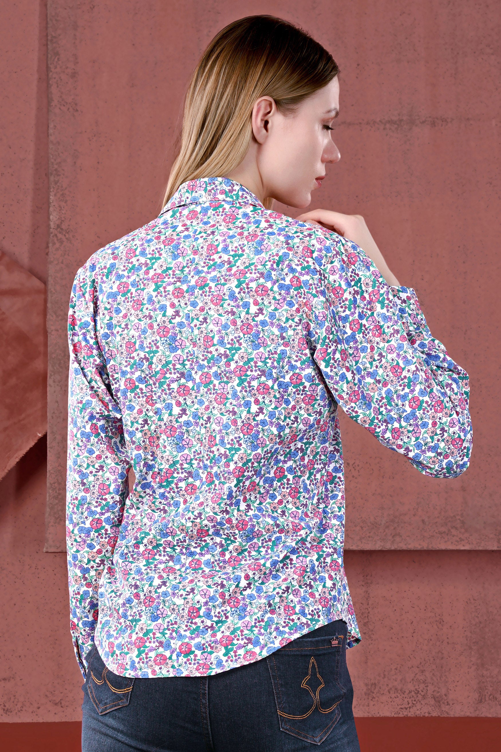 Bright White with Mauve Pink Multicolour Ditsy Printed Premium Cotton Designer Shirt