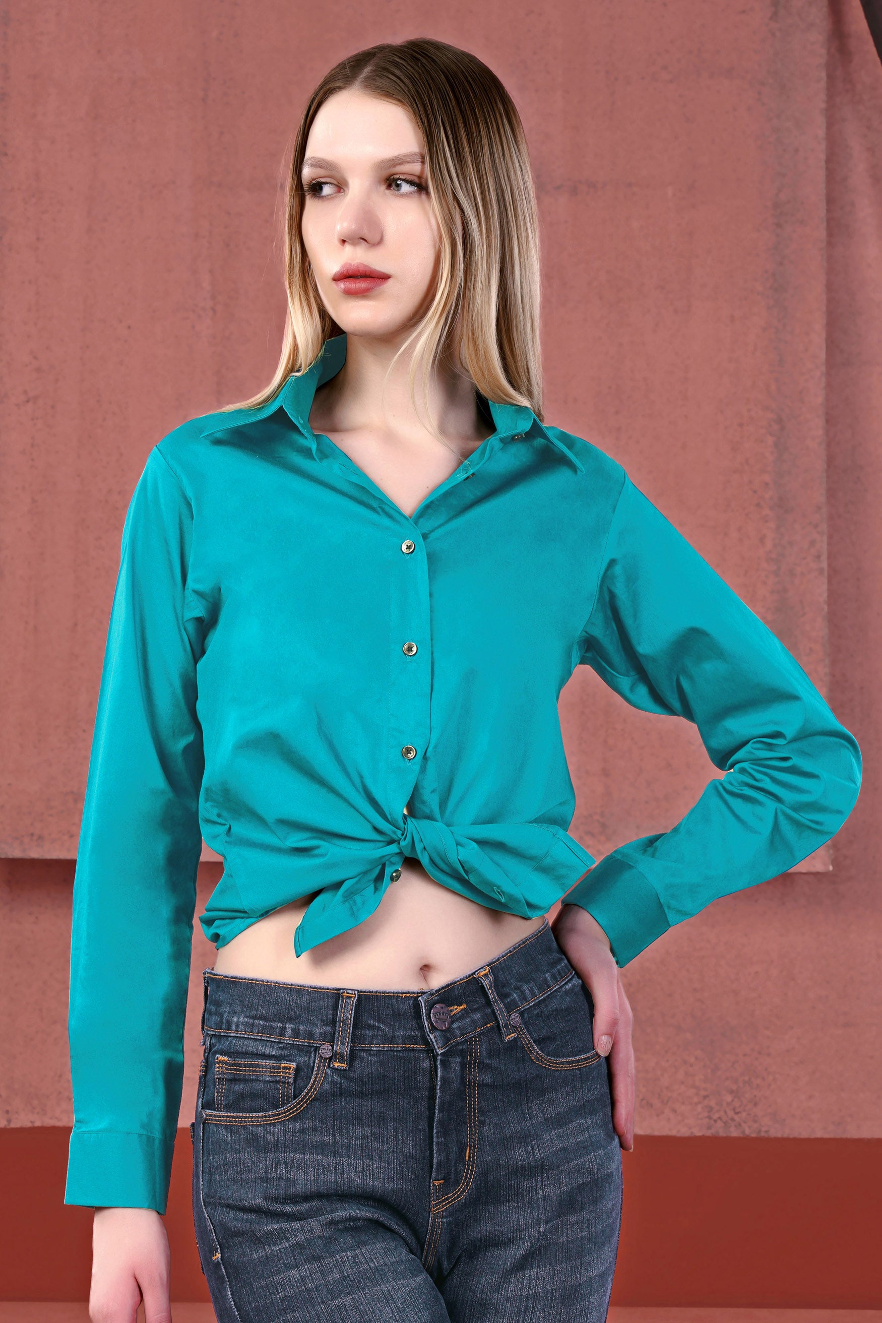 Cerulean Blue Premium Cotton Tie Up Style Crop Shirt