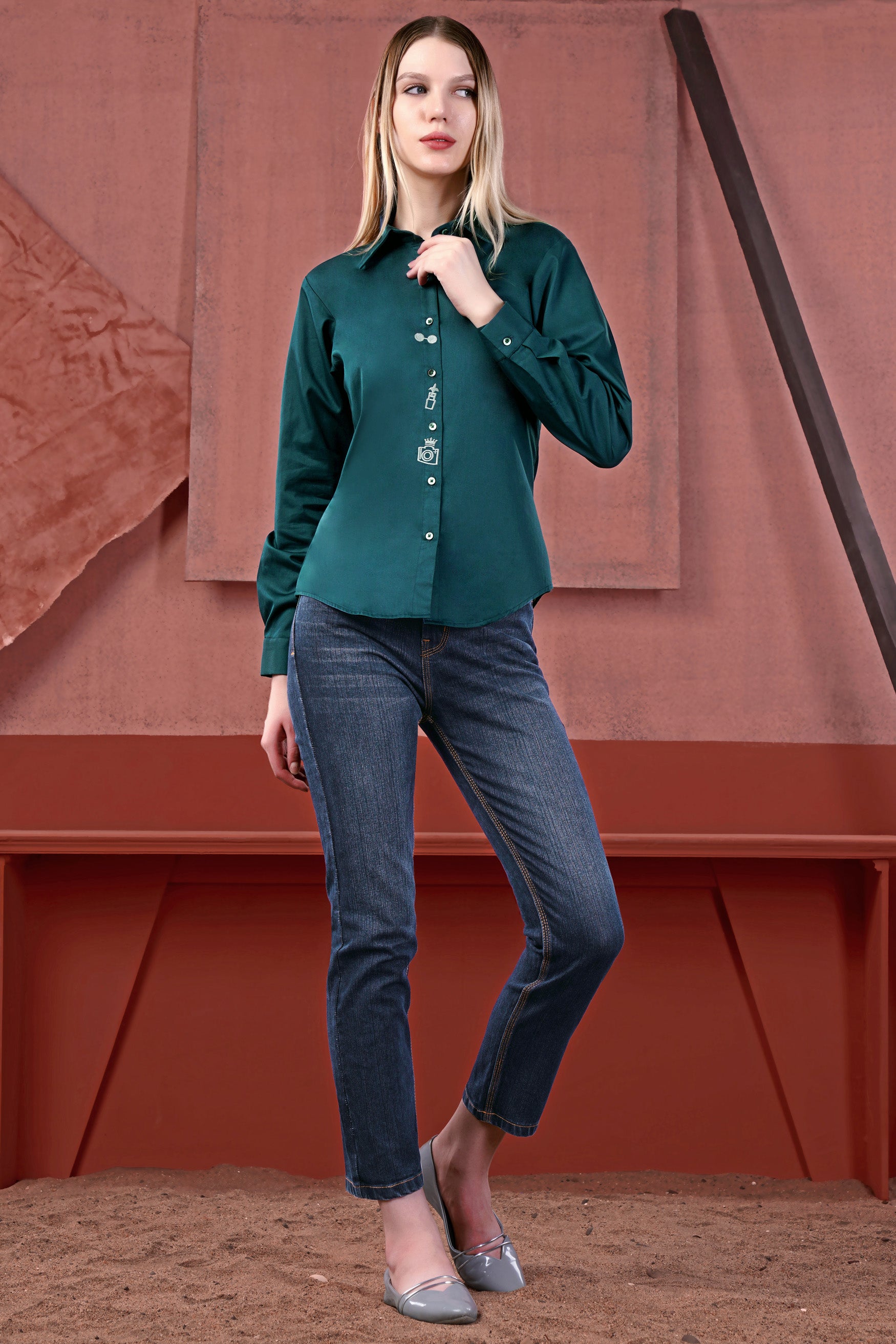 Nile Blue Elements Embroidered Premium Cotton Shirt