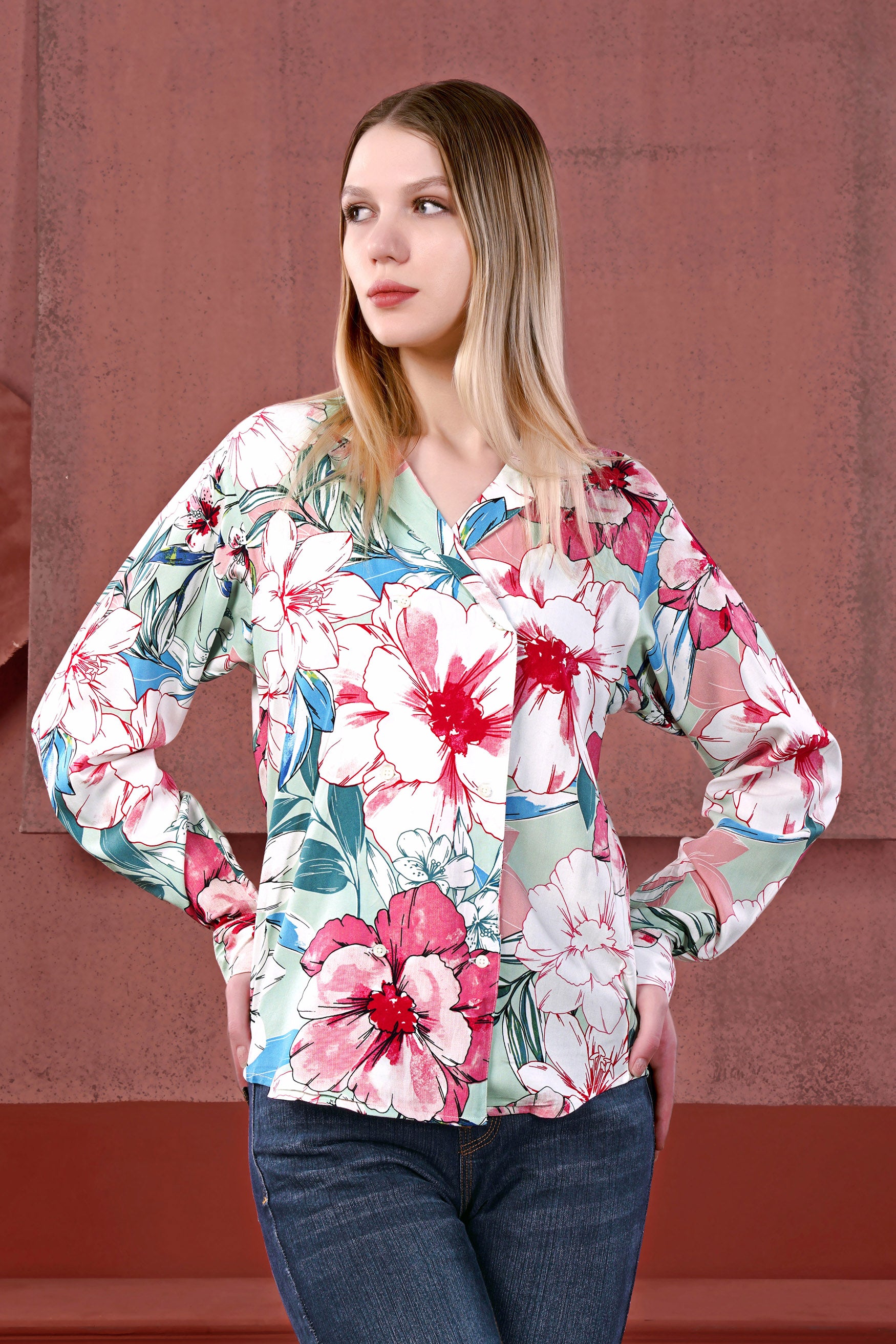 Bright White and Scarlet Red Multicolour Floral Printed Premium Tencel Shirt