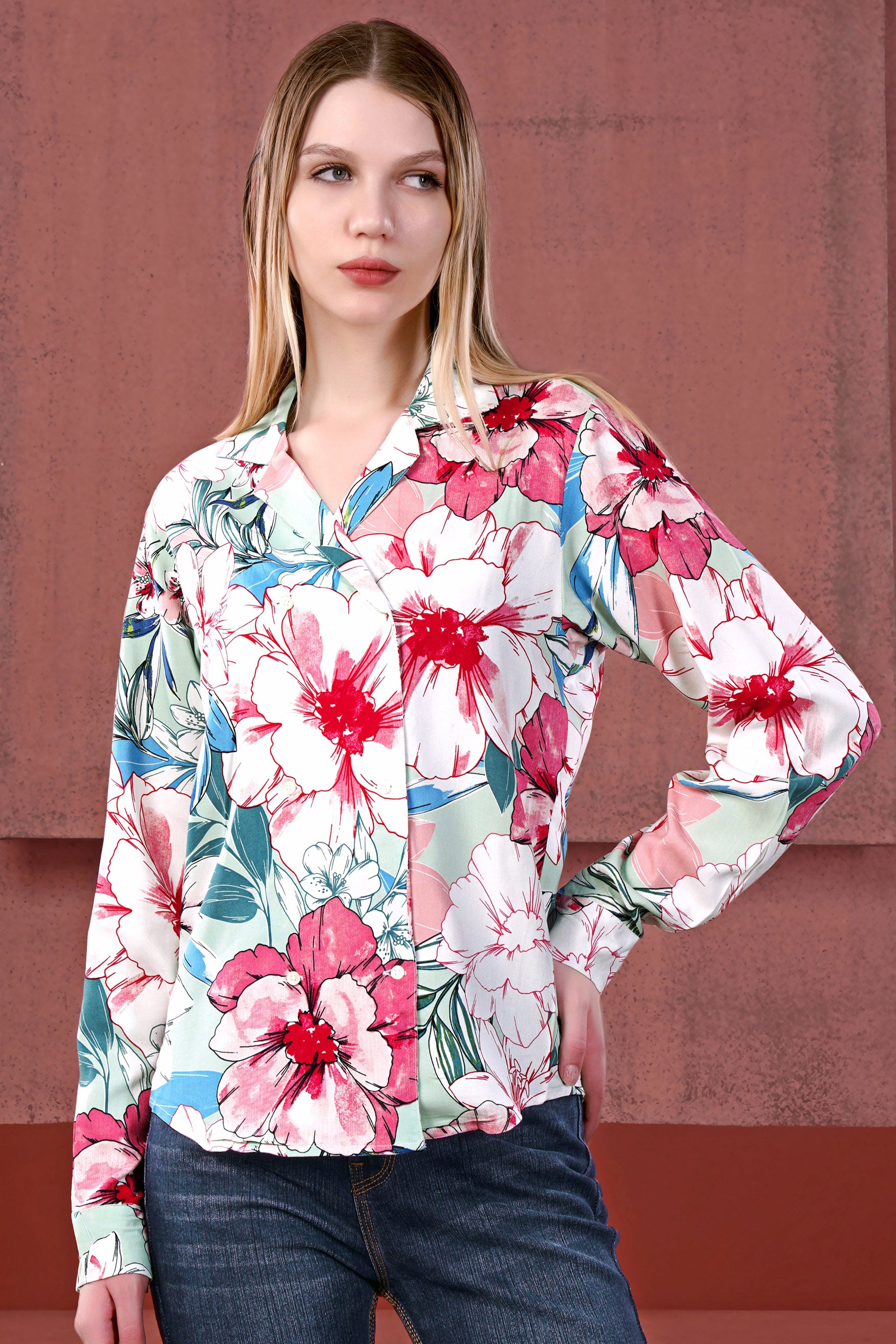 Bright White and Scarlet Red Multicolour Floral Printed Premium Tencel Shirt