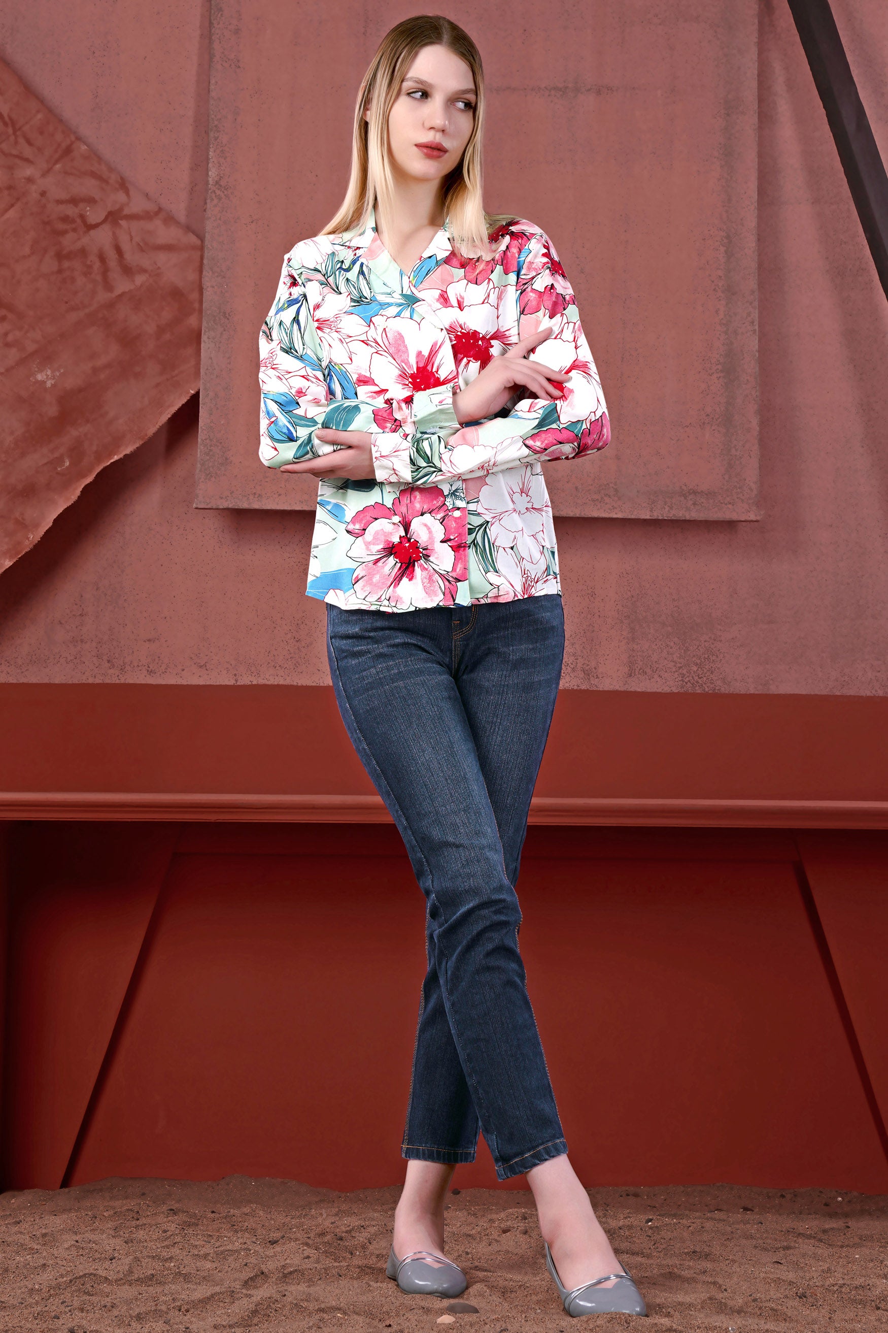 Bright White and Scarlet Red Multicolour Floral Printed Premium Tencel Shirt