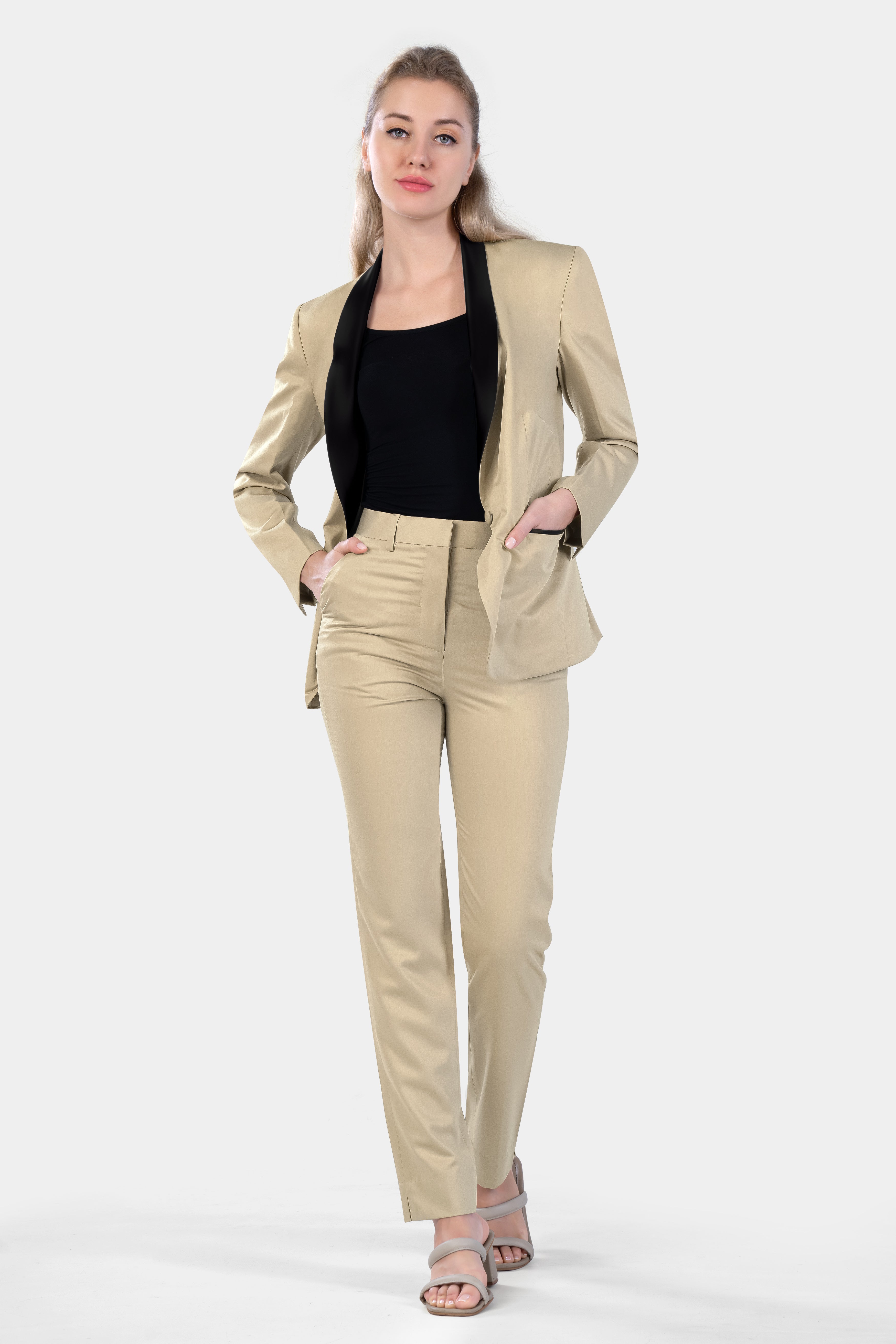 Hazelnut Cream Subtle Sheen with Black Lapel Single Breasted Women s Suit