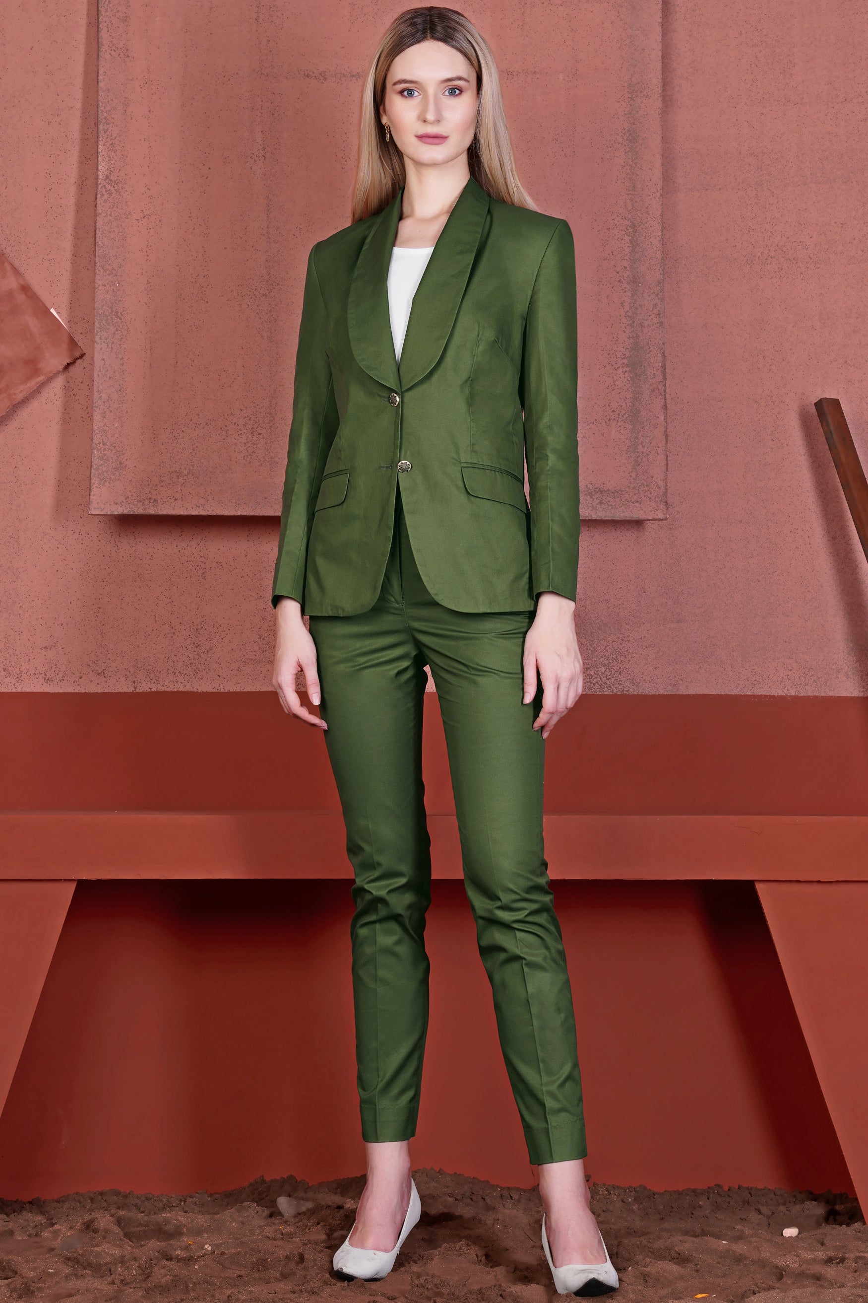 Juniper Green Textured Premium Wool Blend Tuxedo Suit for Women.